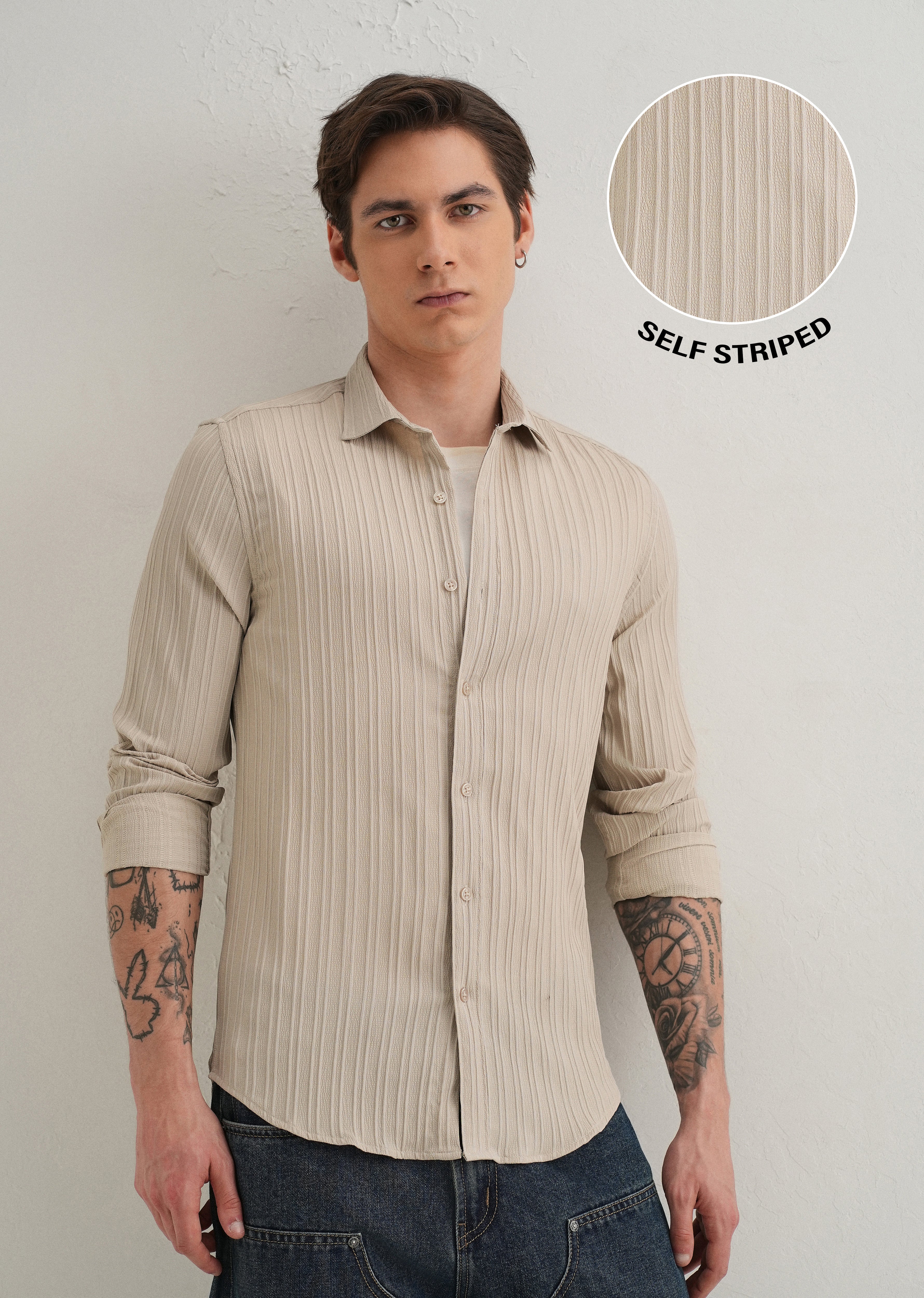 Cream Plain Self Striped Shirt - Image 7