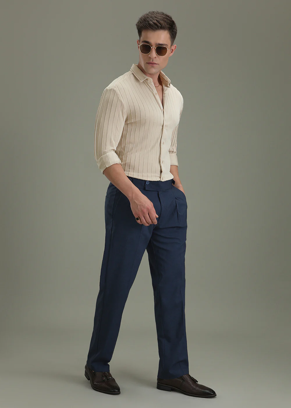 Cream Plain Stripe Shirt - Image 6
