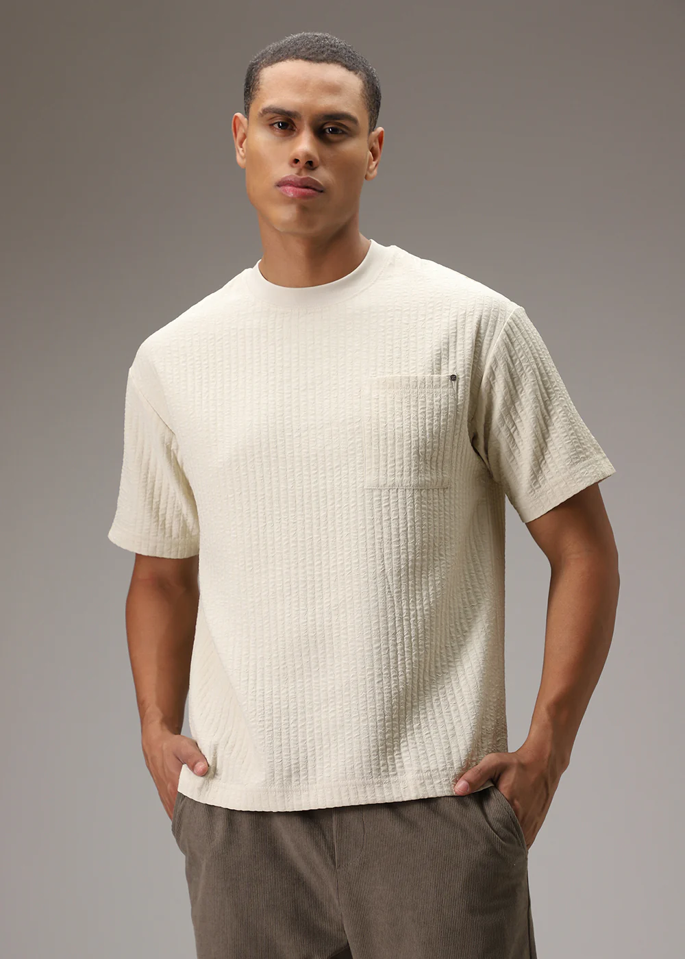 Cream Plain Textured Oversized T-shirt - Image 3