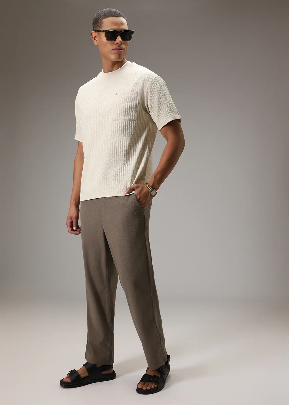 Cream Plain Textured Oversized T-shirt - Image 6
