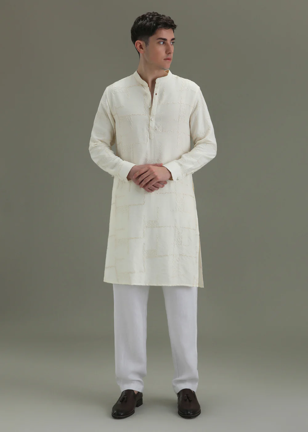 Cream Self Thread Embroidered Kurta - Image 3