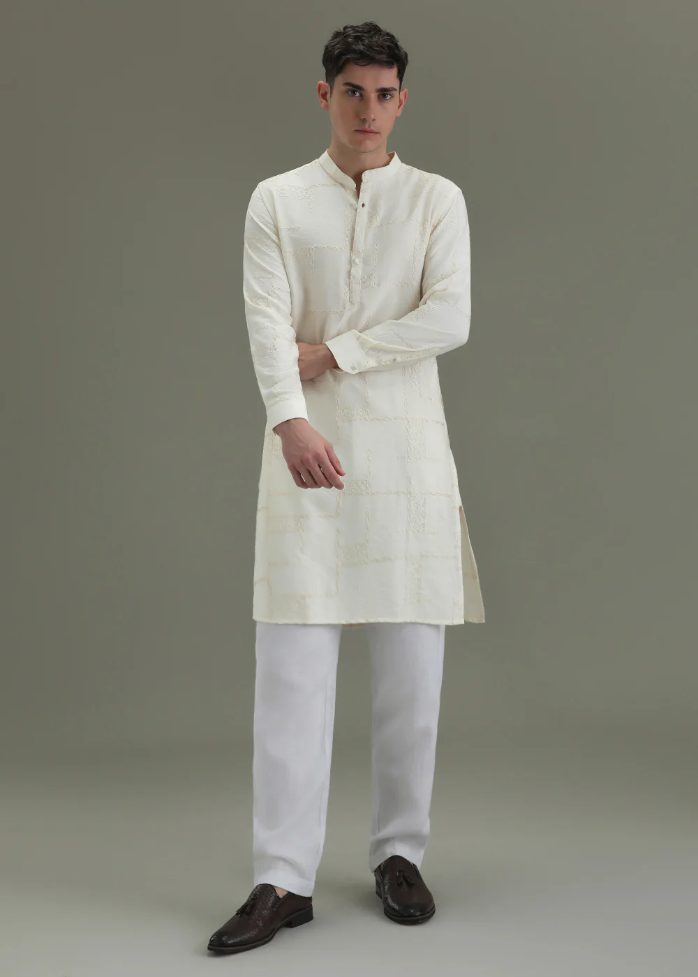 Cream Self Thread Embroidered Kurta - Image 5