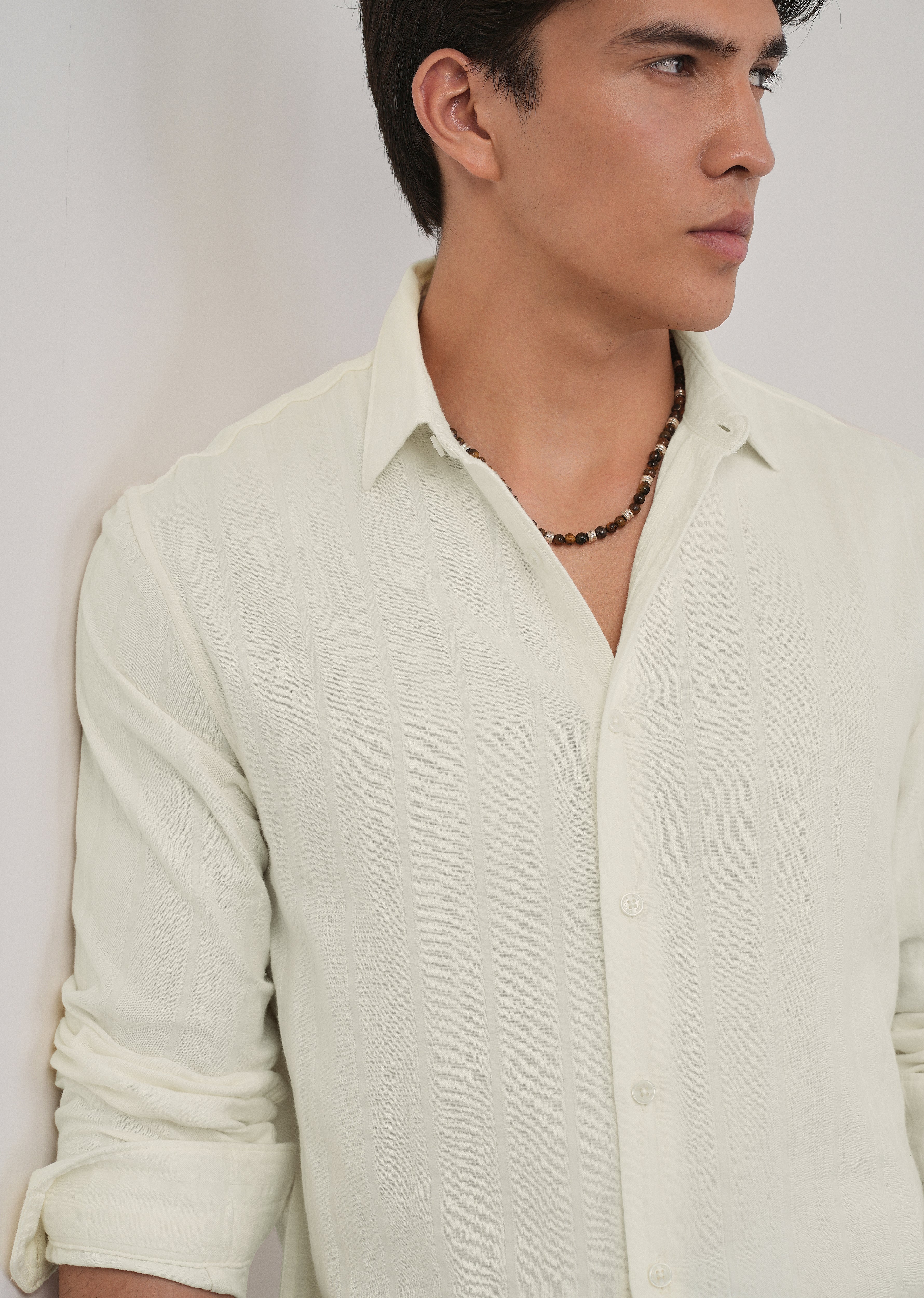 Cream Self Striped Cotton Shirt - Image 5