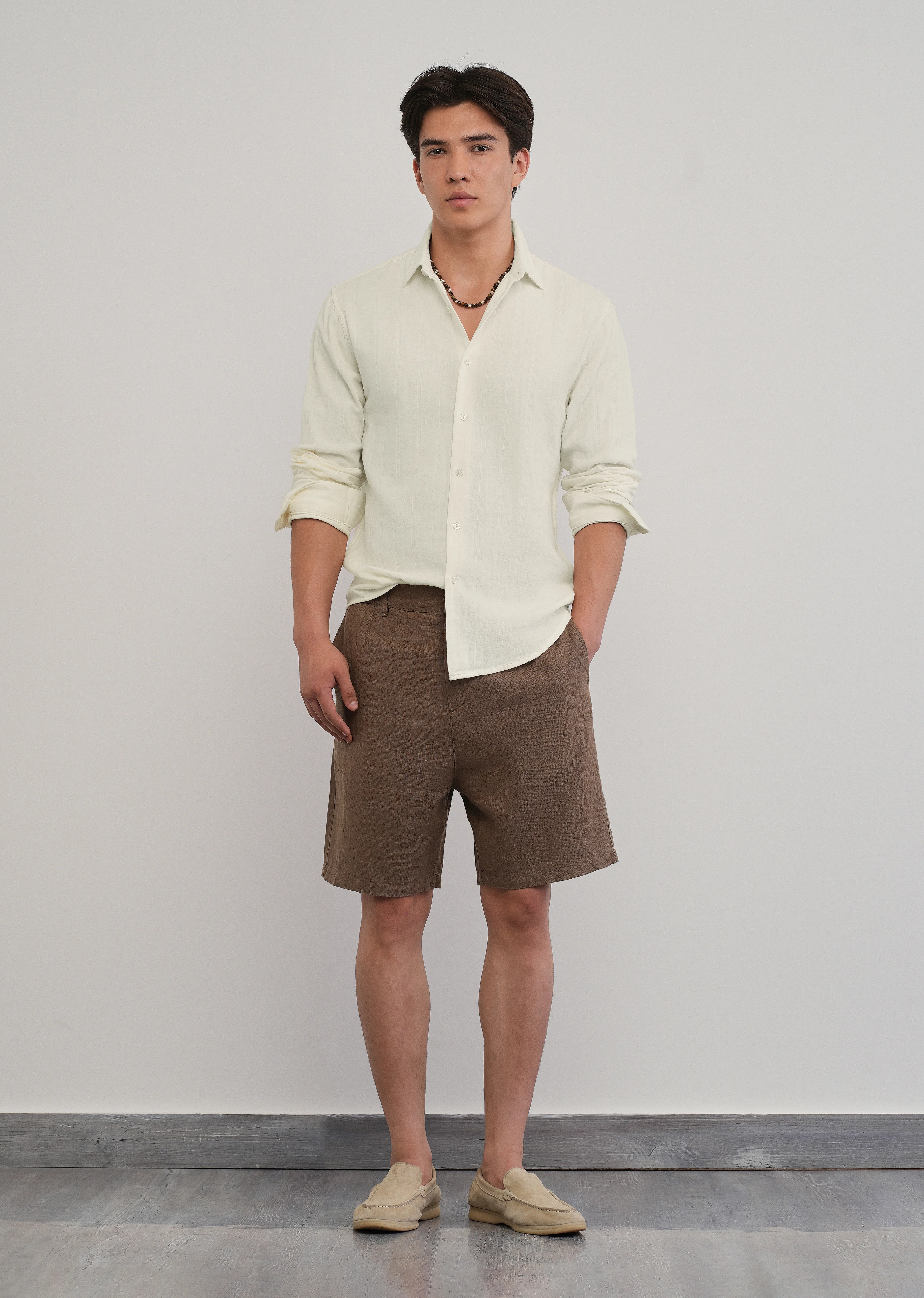 Cream Self Striped Cotton Shirt - Image 6