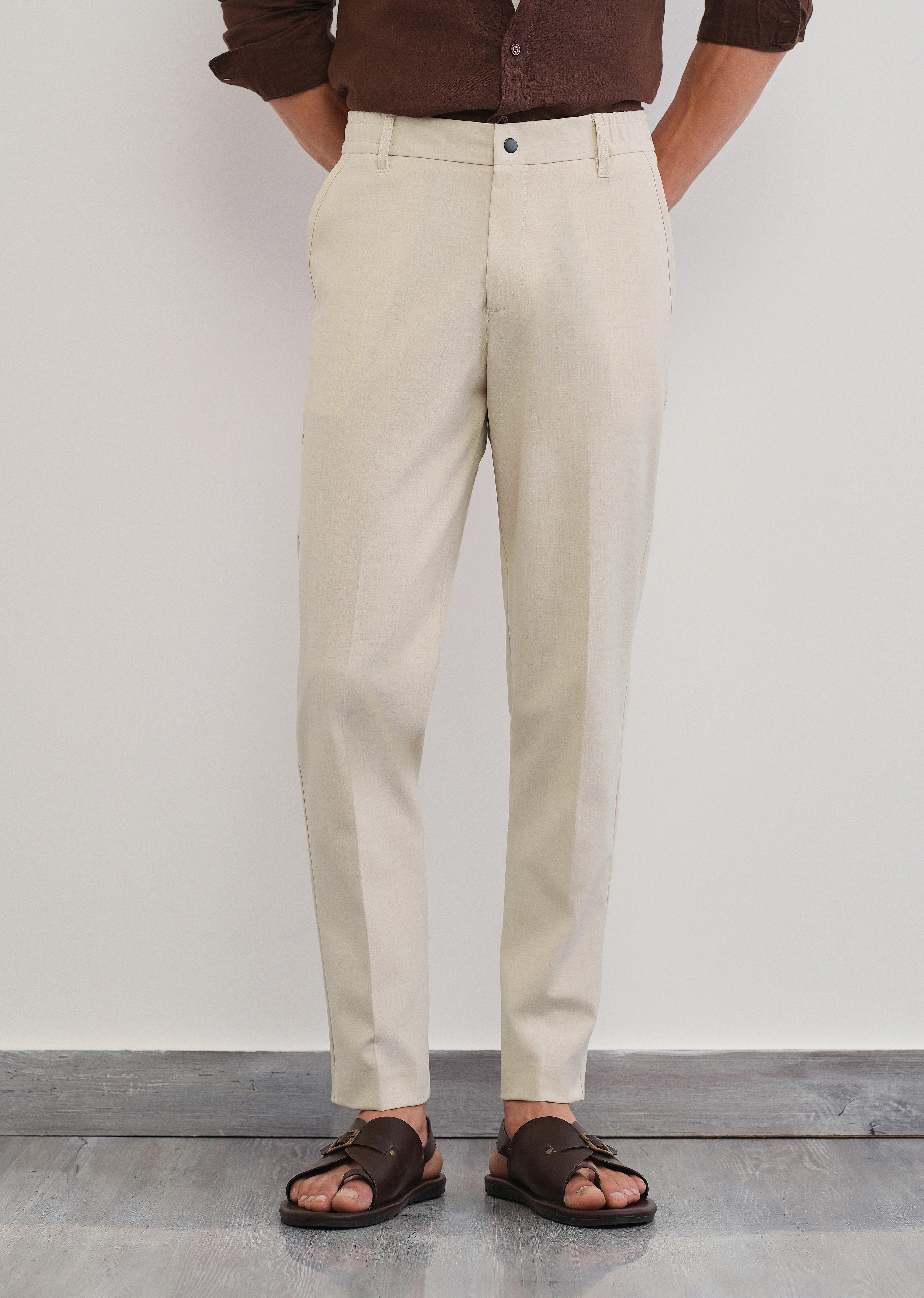 Cream Semi-Elastic Slim Fit Trouser - Image 3