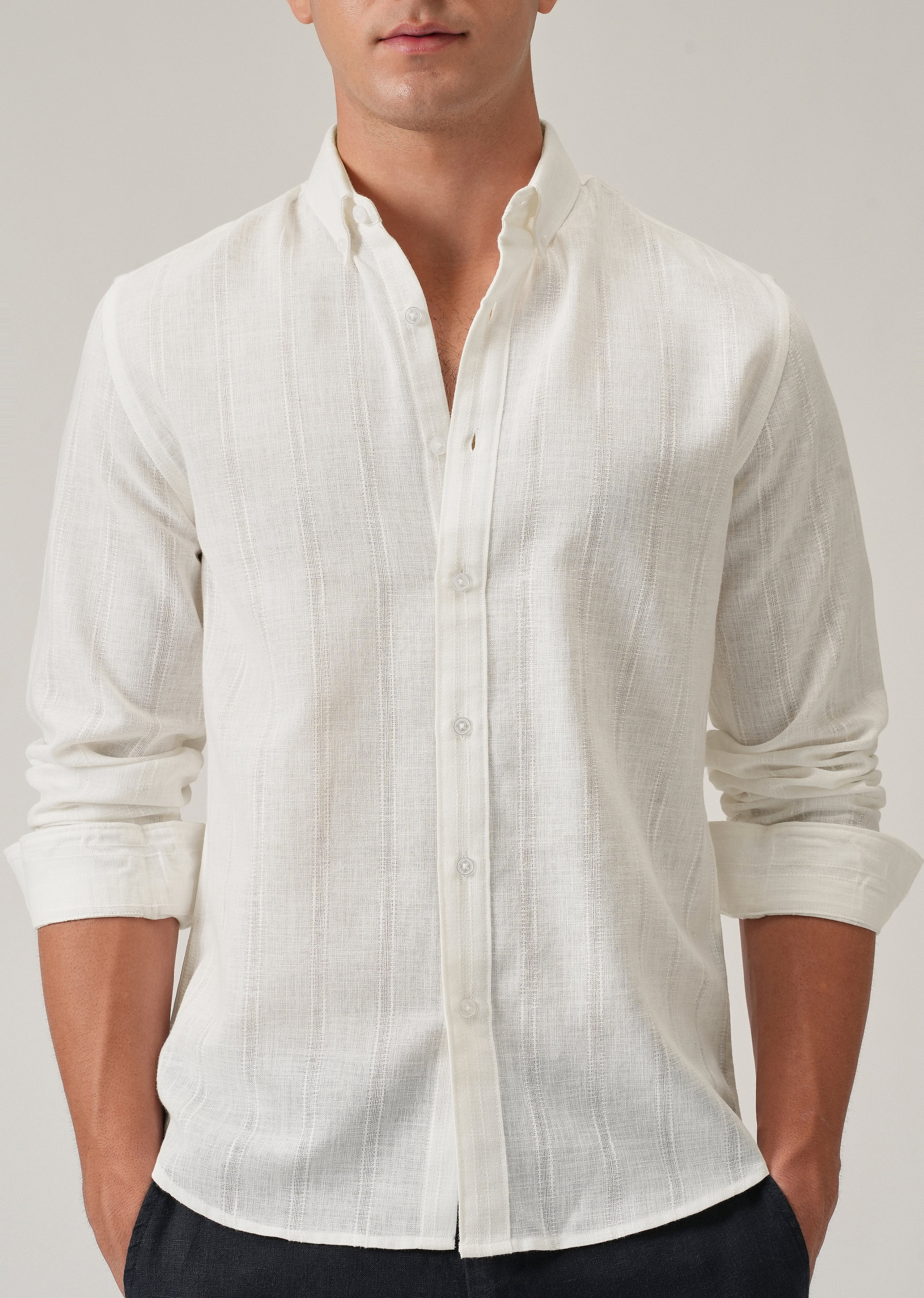 Cream Stripe Blended Linen Shirt - Image 7