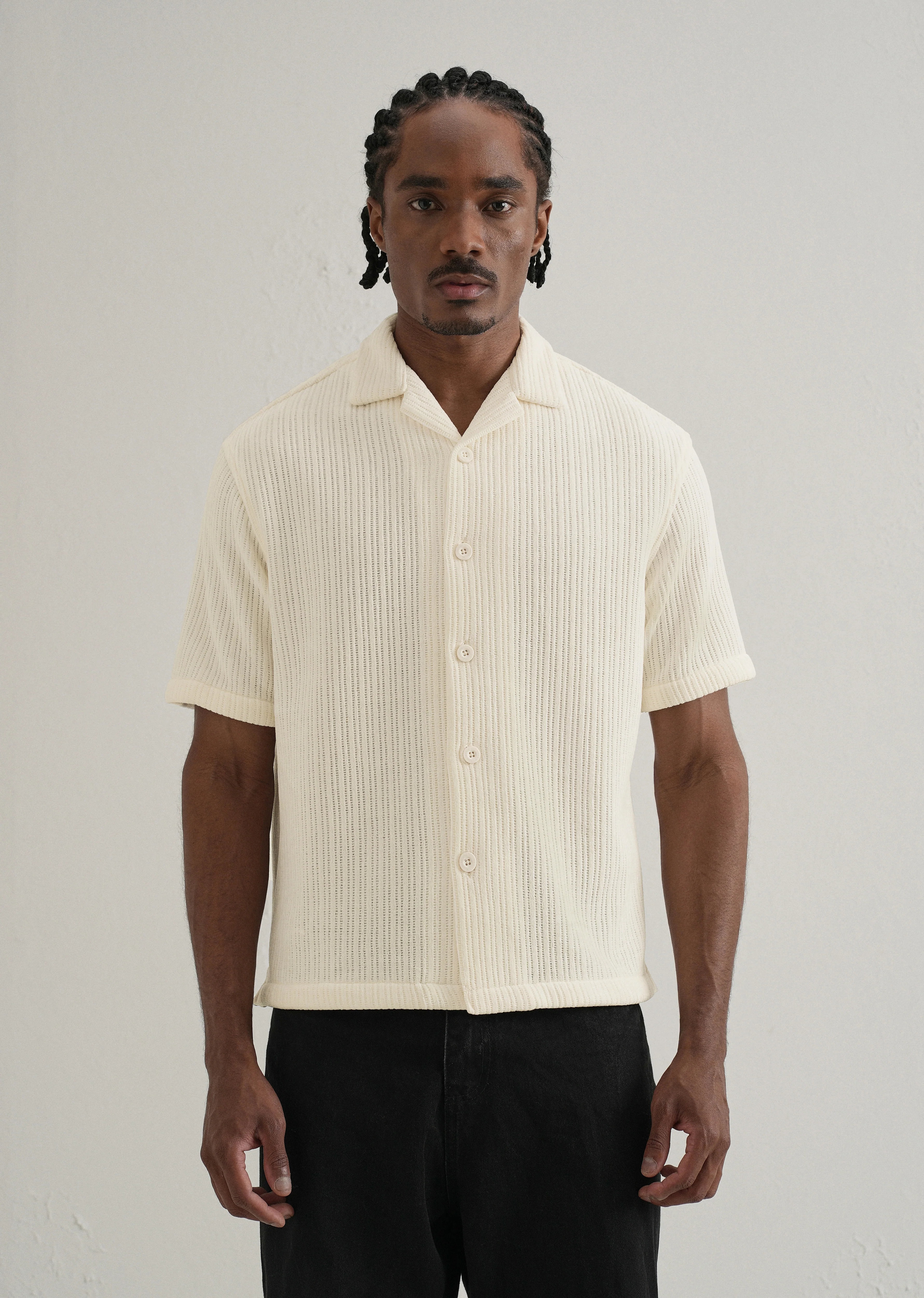 Ivory Suede Knit Cuban Collar Shirt - Image 3