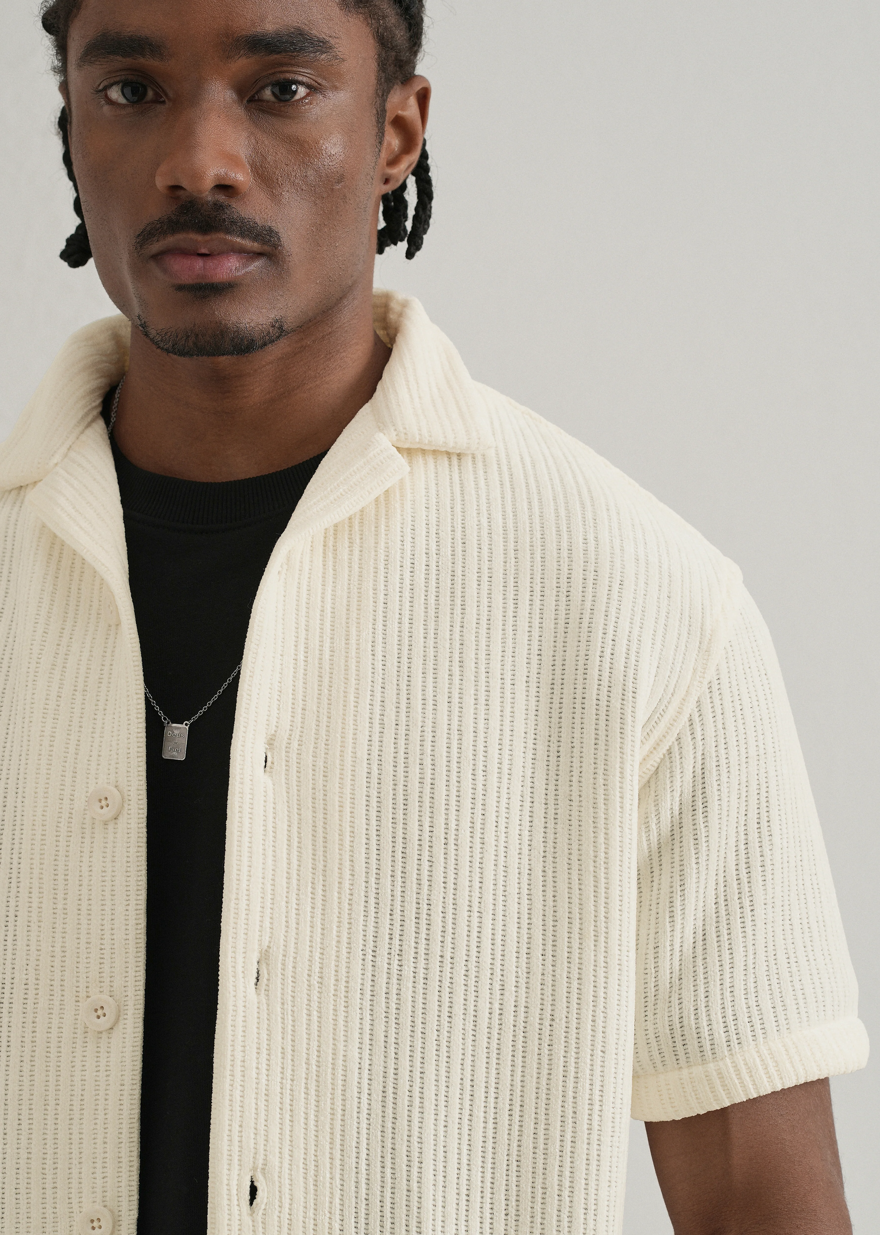 Ivory Suede Knit Cuban Collar Shirt - Image 5
