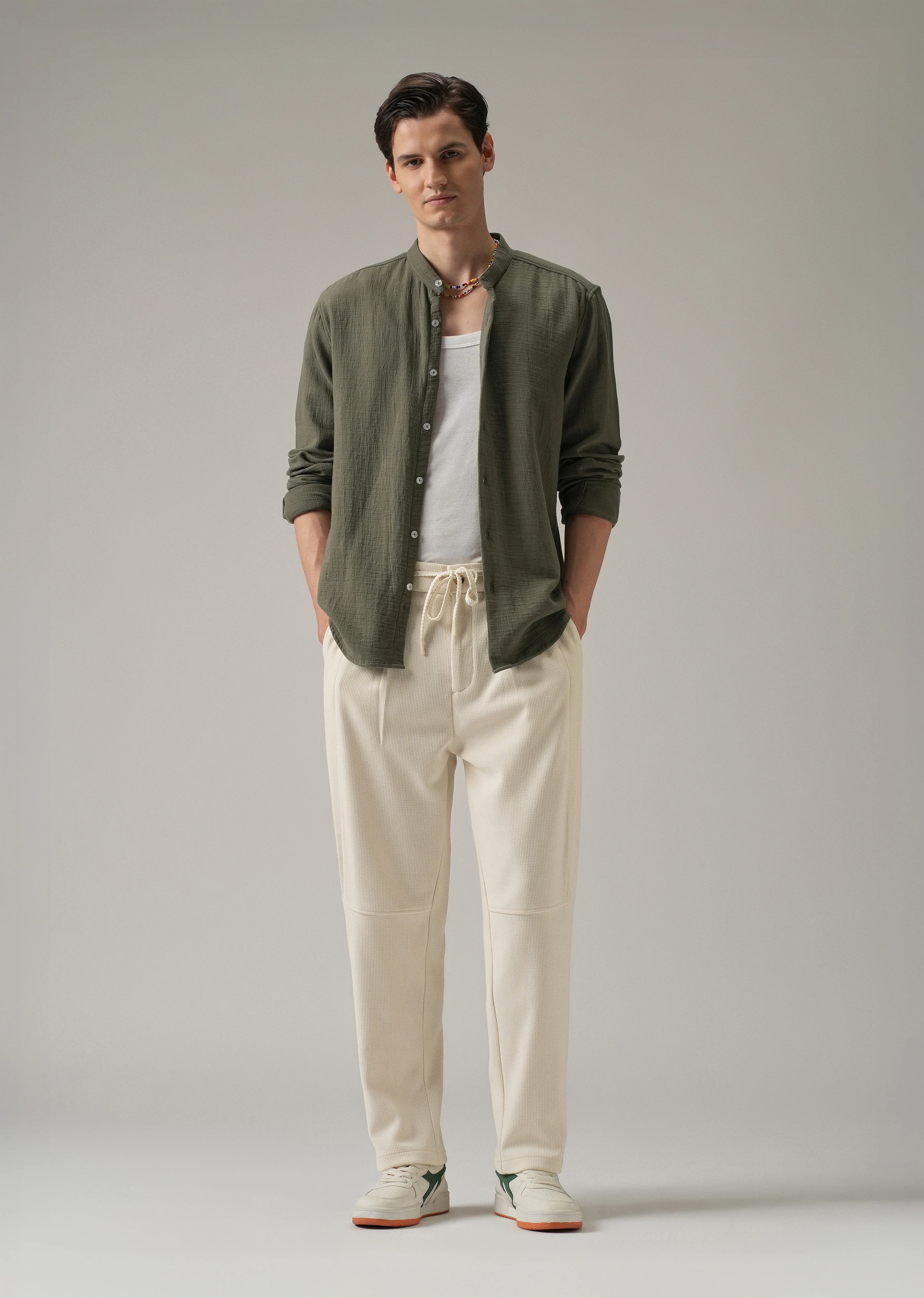 Cream Textured Suede Drawstring Pant - Image 6