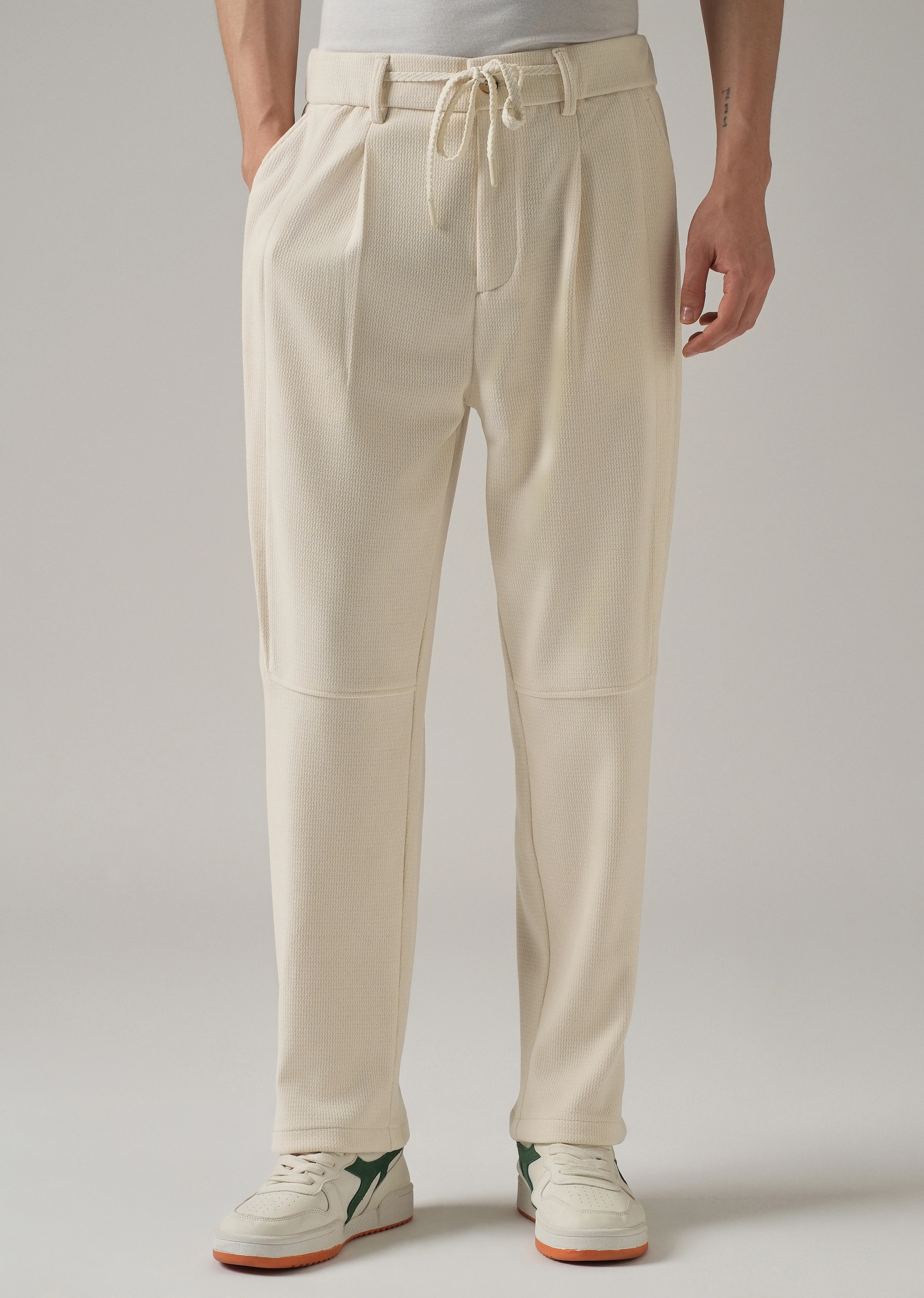 Cream Textured Suede Drawstring Pant - Image 7
