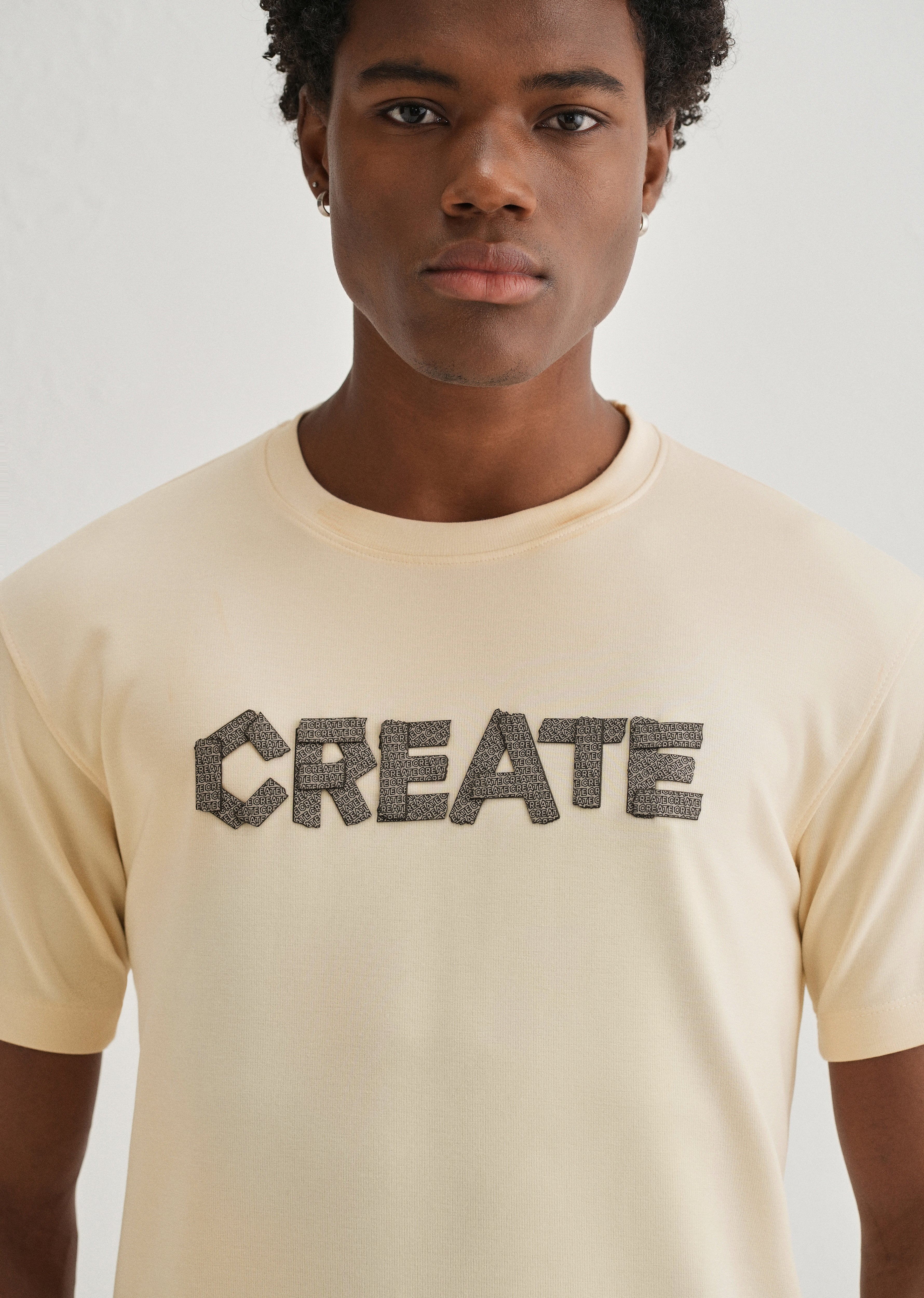Cream Typography Applique T-shirt - Image 5