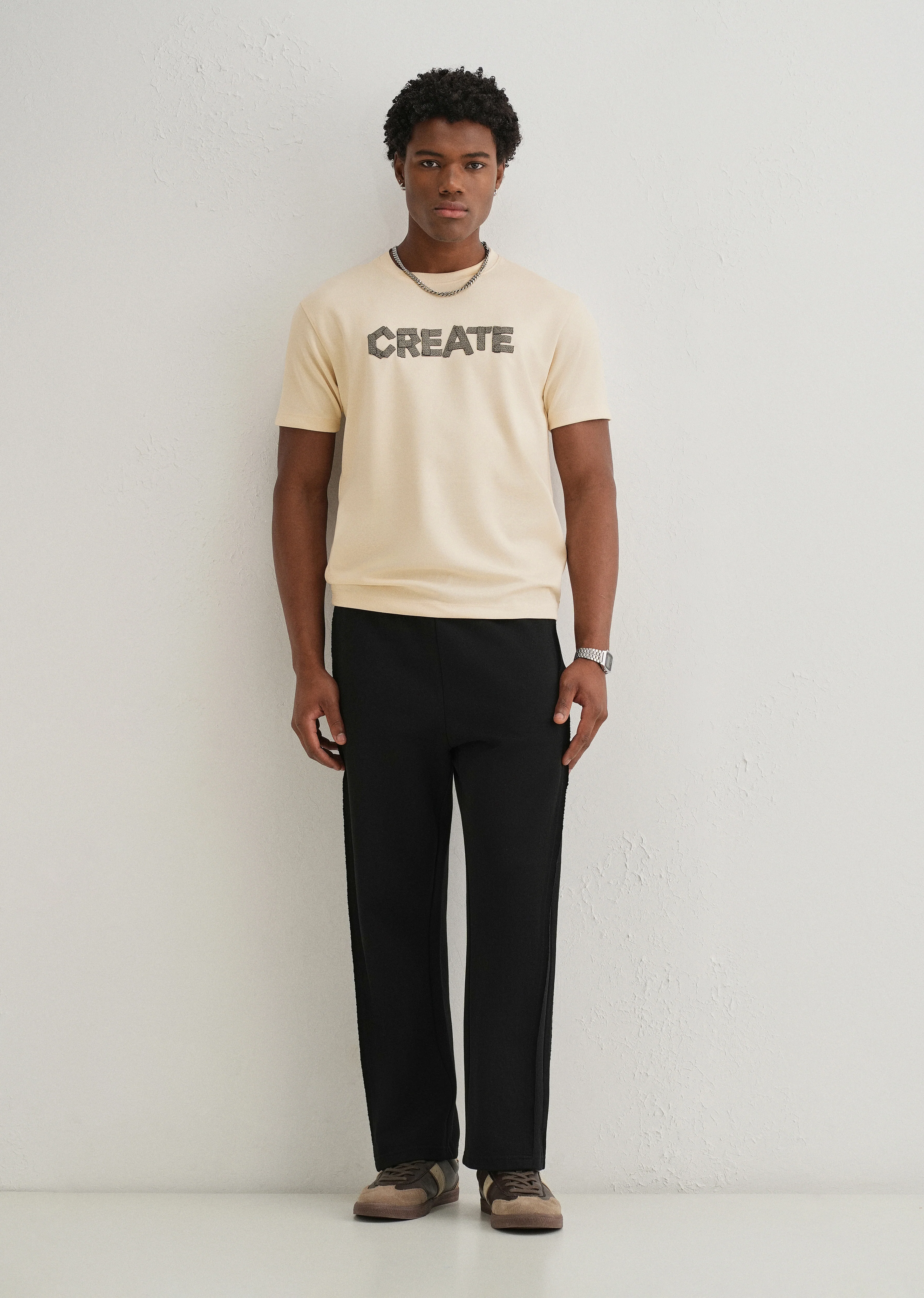 Cream Typography Applique T-shirt - Image 6