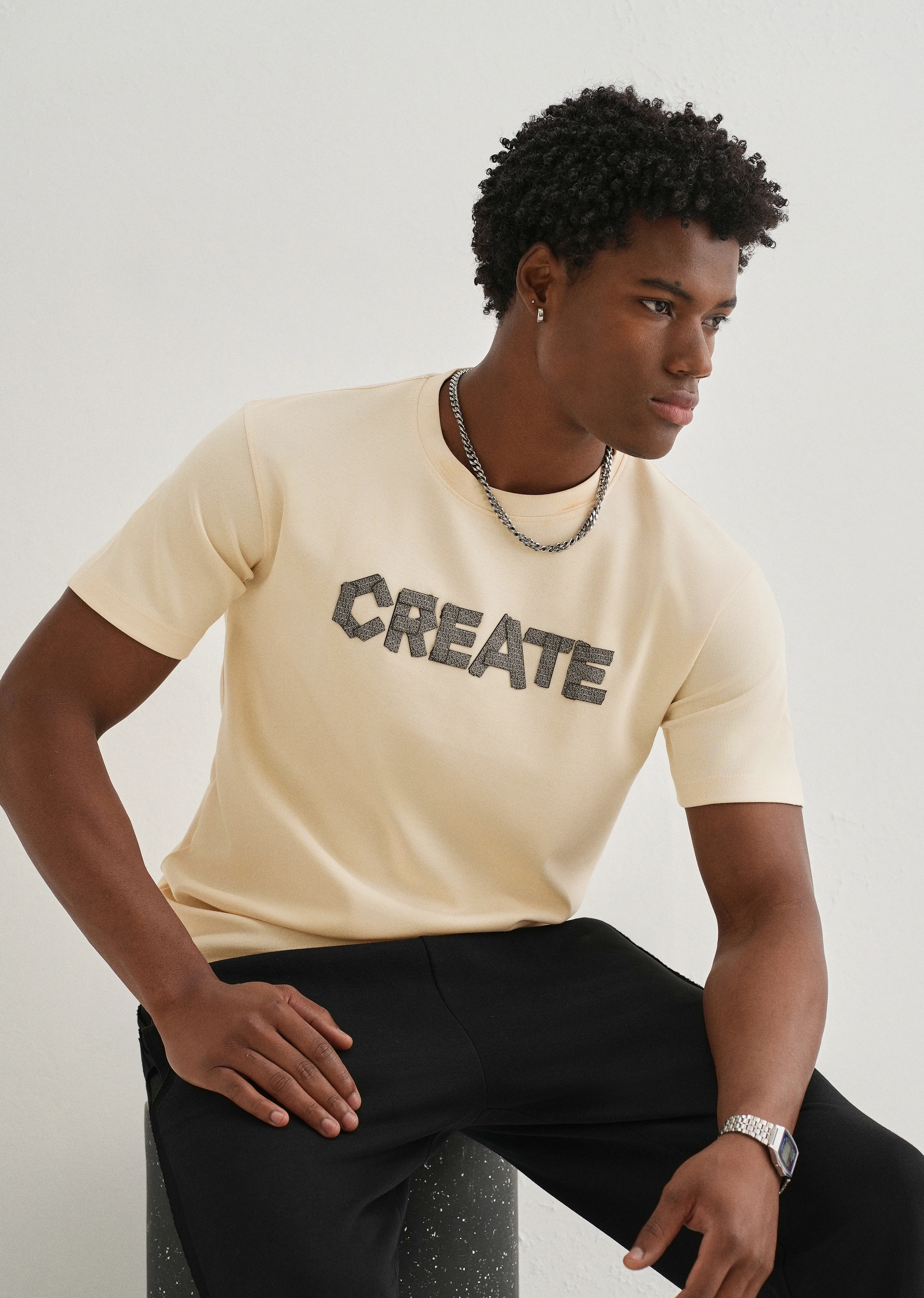 Cream Typography Applique T-shirt - Image 7