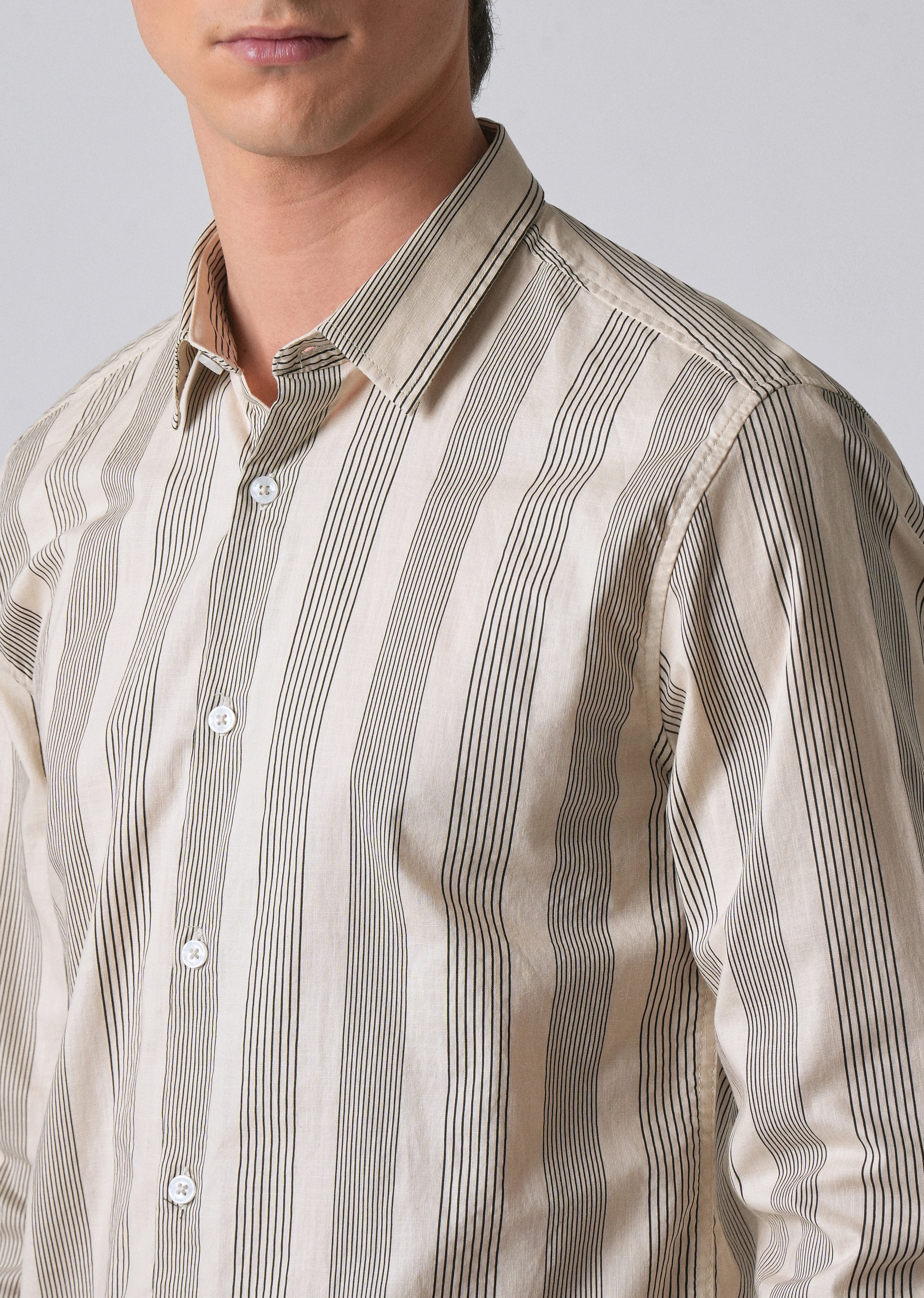 Cream Vertical Pin Stripe Cotton/Linen Shirt - Image 5