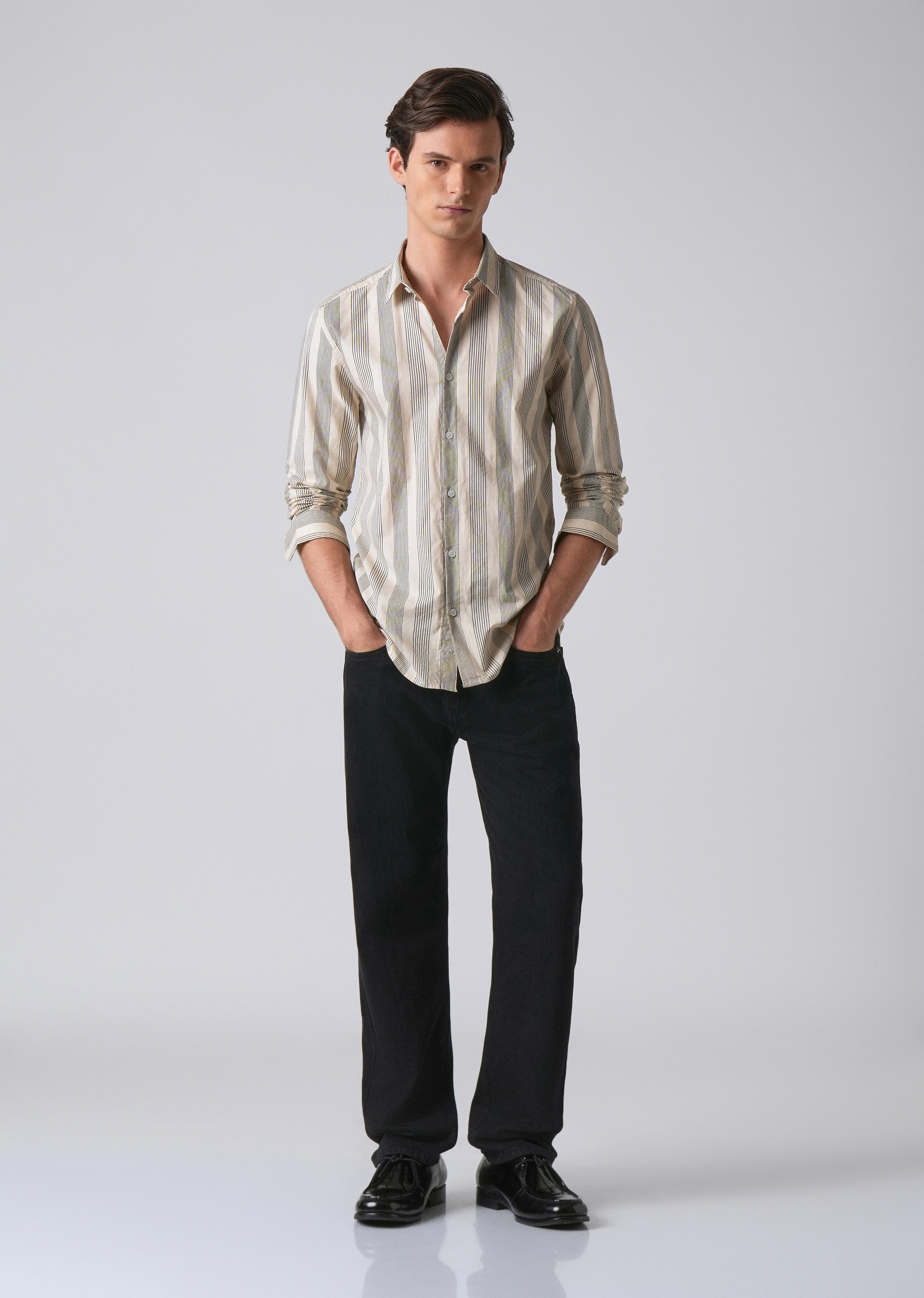 Cream Vertical Pin Stripe Cotton/Linen Shirt - Image 6