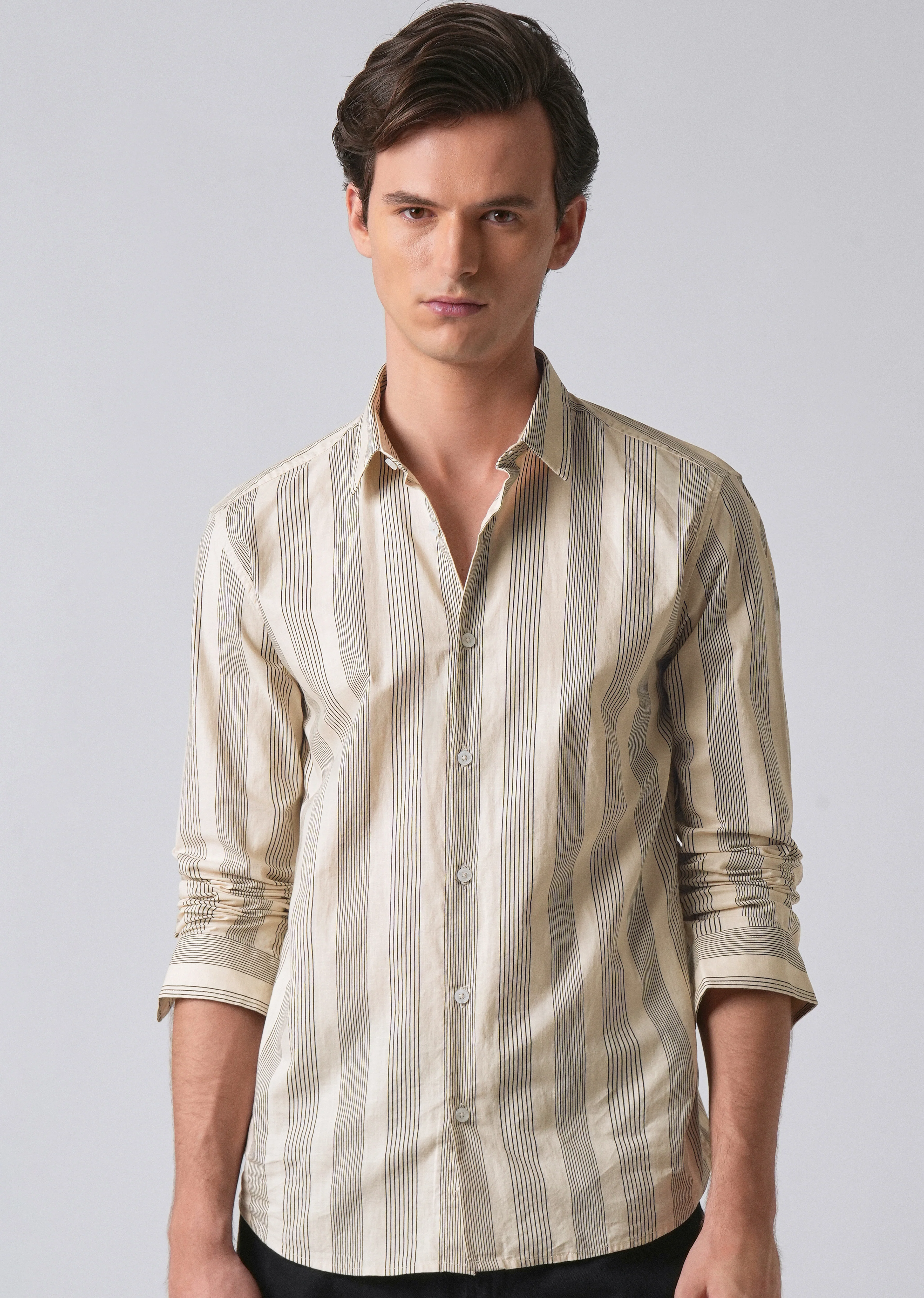 Cream Vertical Pin Stripe Cotton/Linen Shirt - Image 7