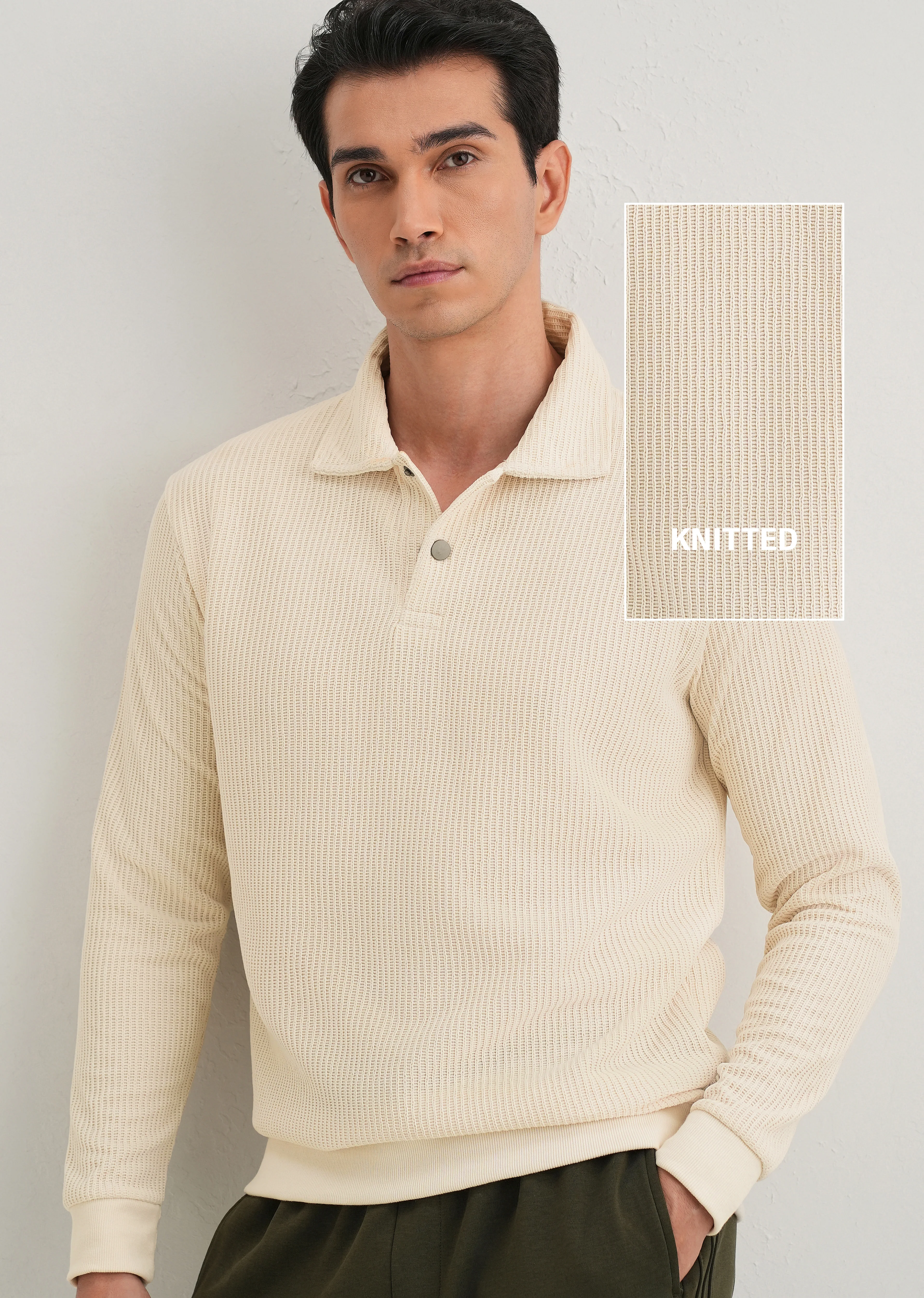Cream Waffle Knit Polo Sweatshirt - Image 8