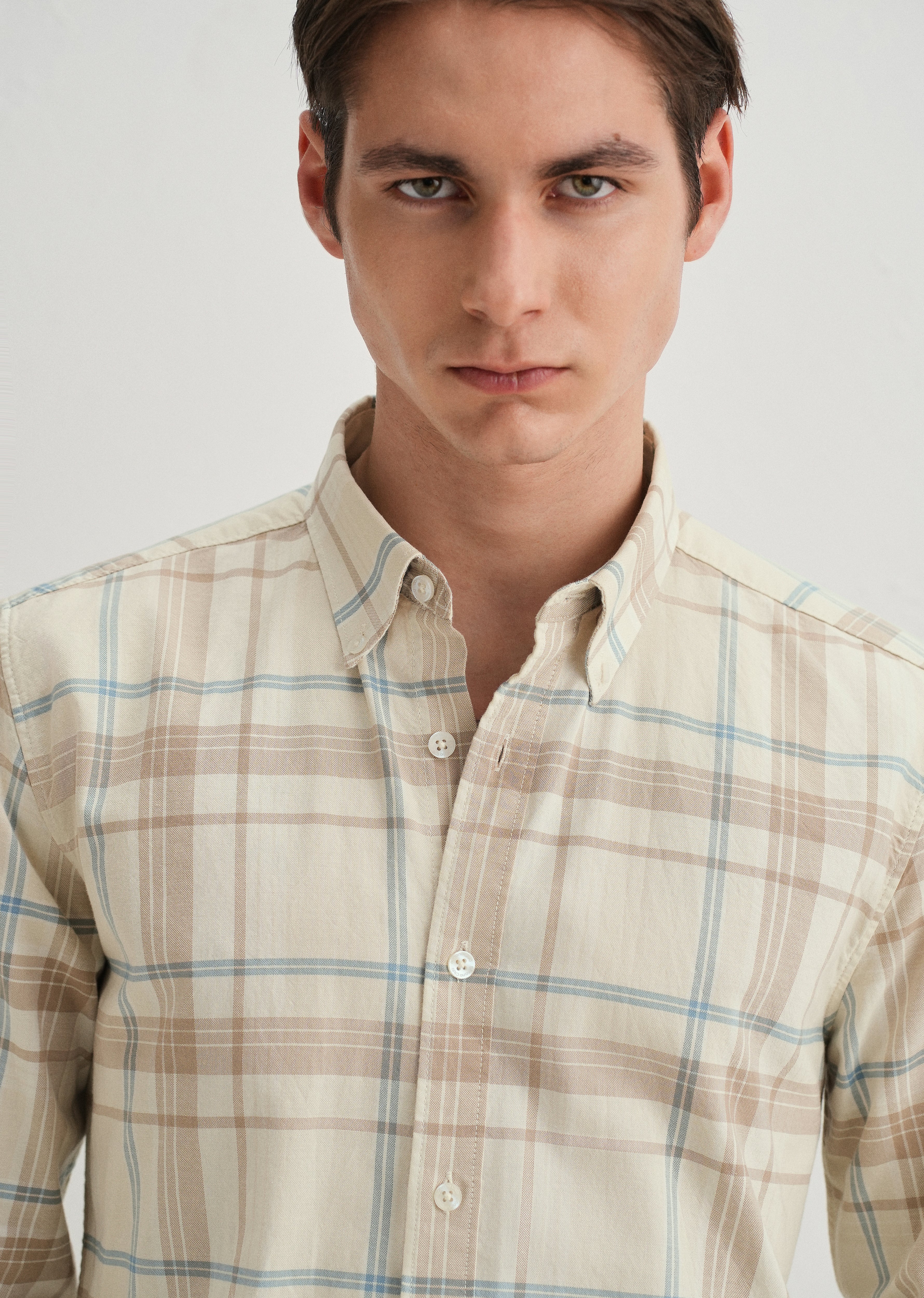 Cream Windowpane Plaid Check Shirt - Image 2