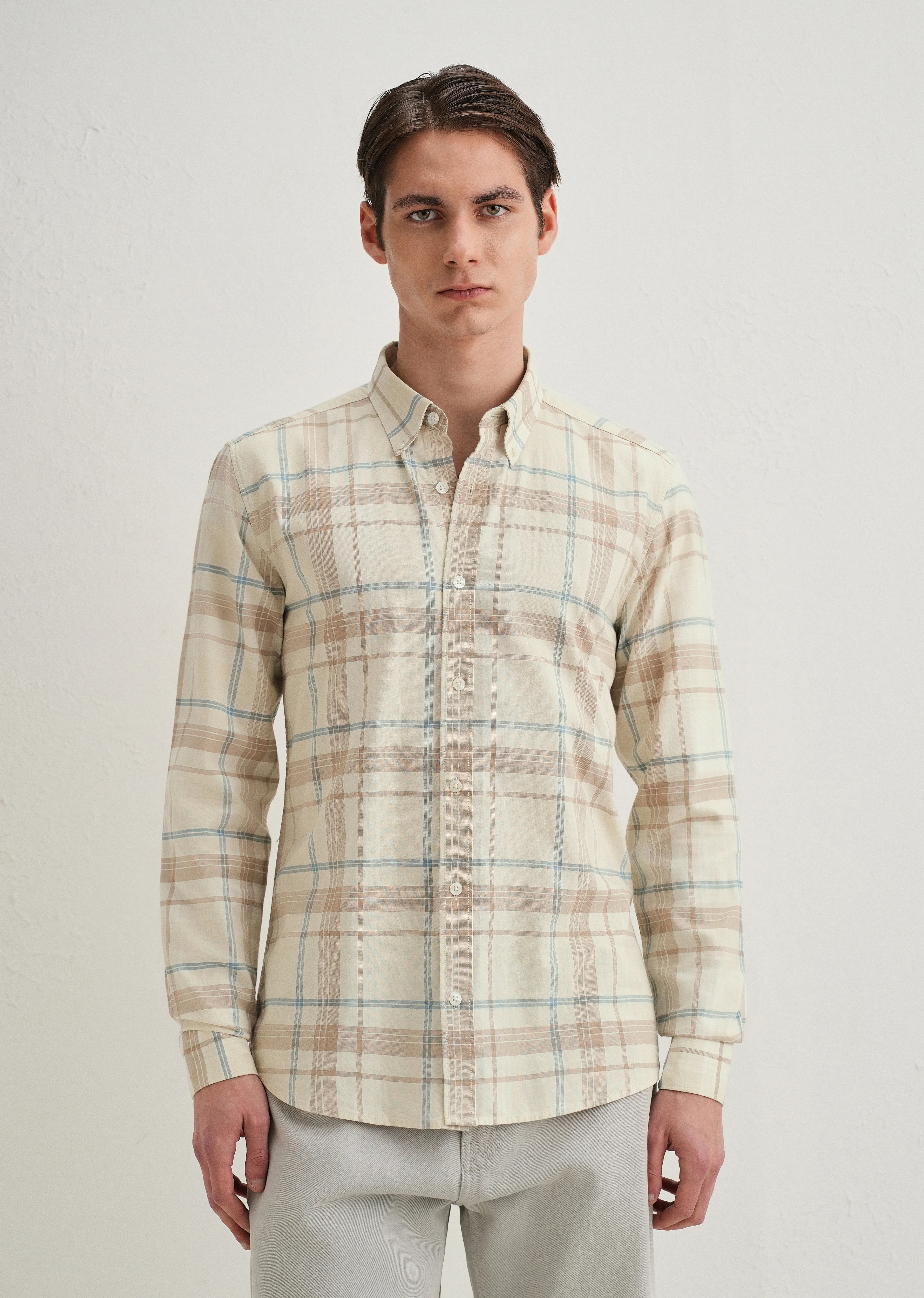 Cream Windowpane Plaid Check Shirt - Image 4