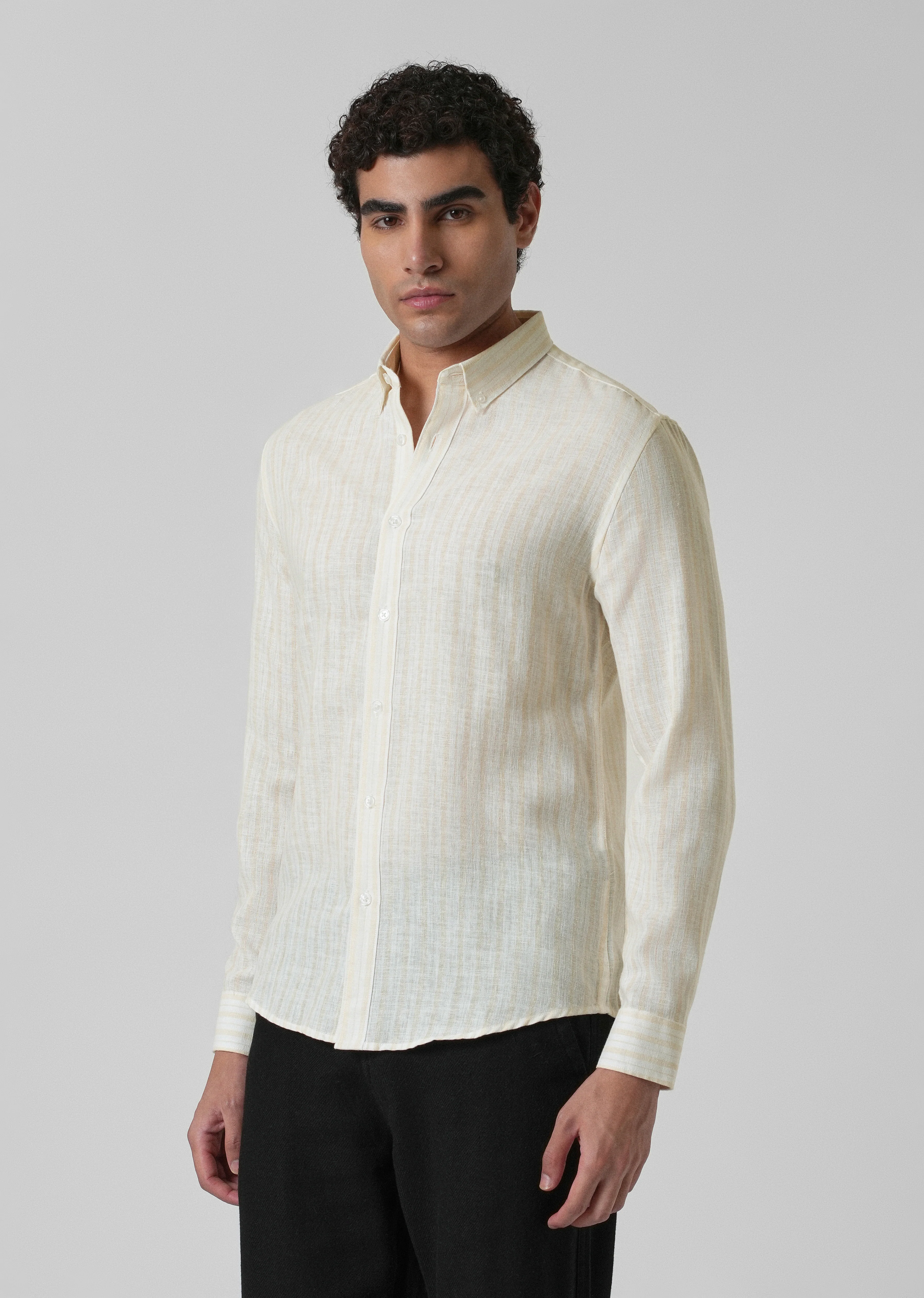 Cream Yellow Linen Stripe Shirt - Image 4
