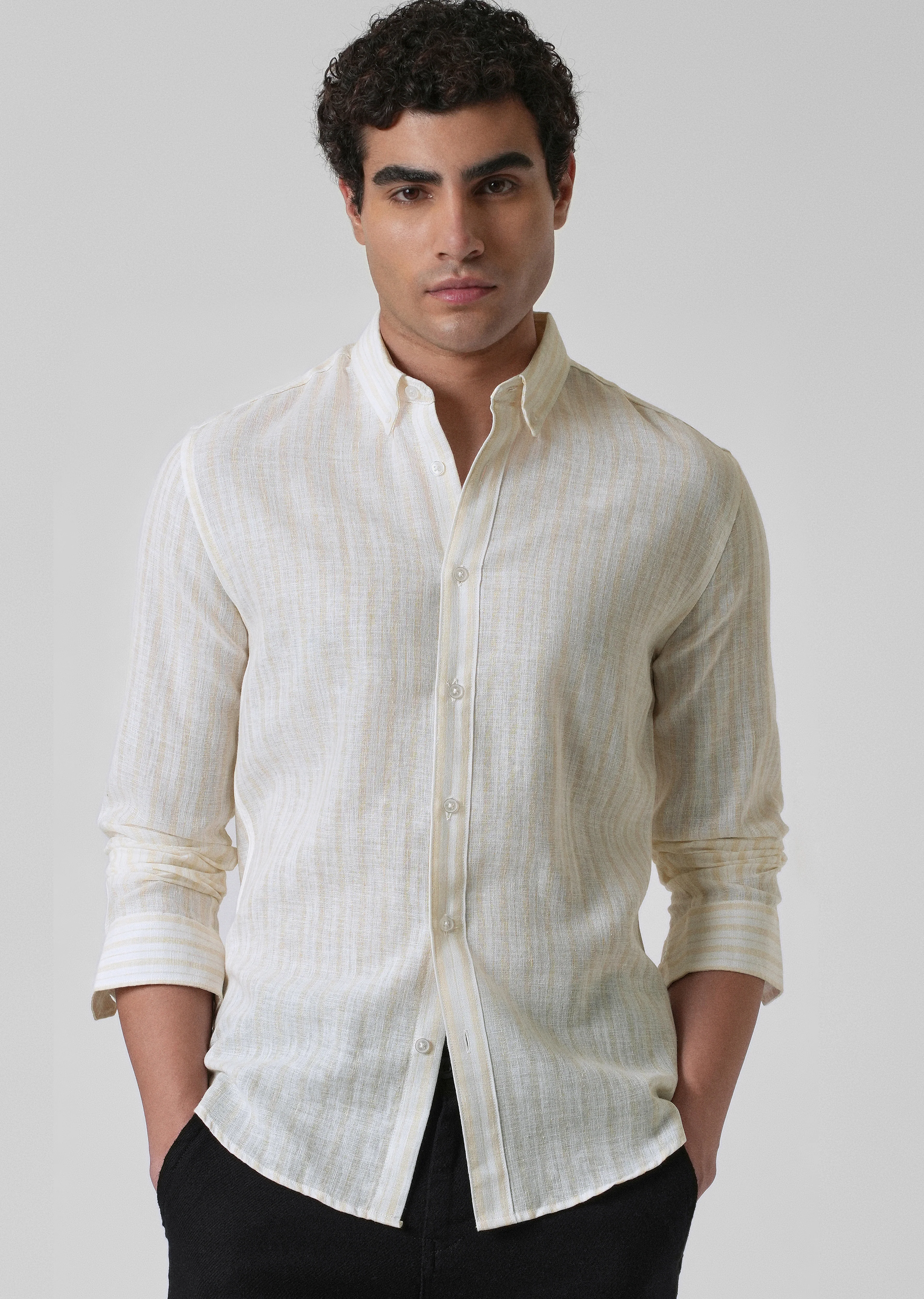 Cream Yellow Linen Stripe Shirt - Image 7