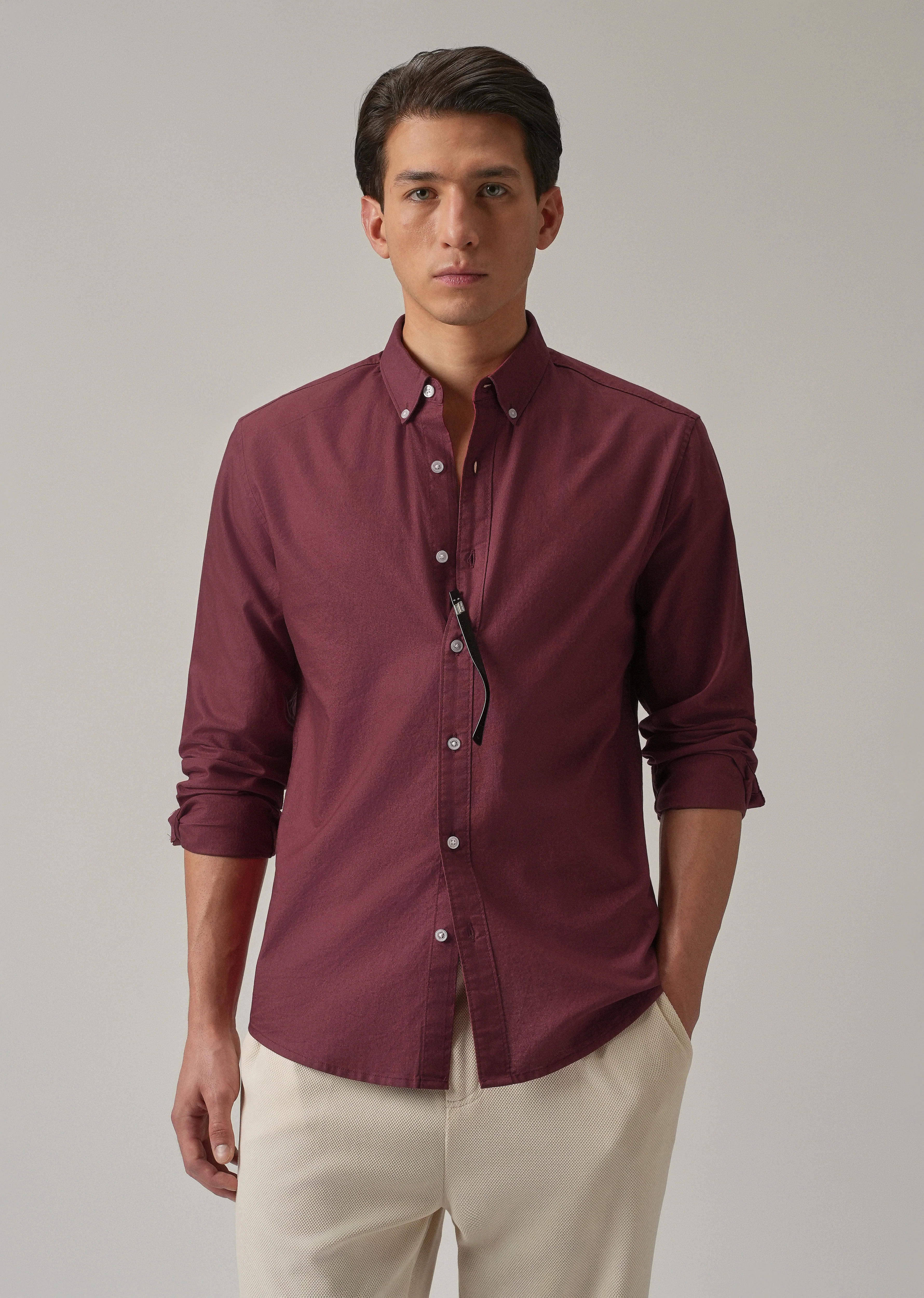 Crimson Red Plain Elbow Patch Oxford Shirt - Image 7