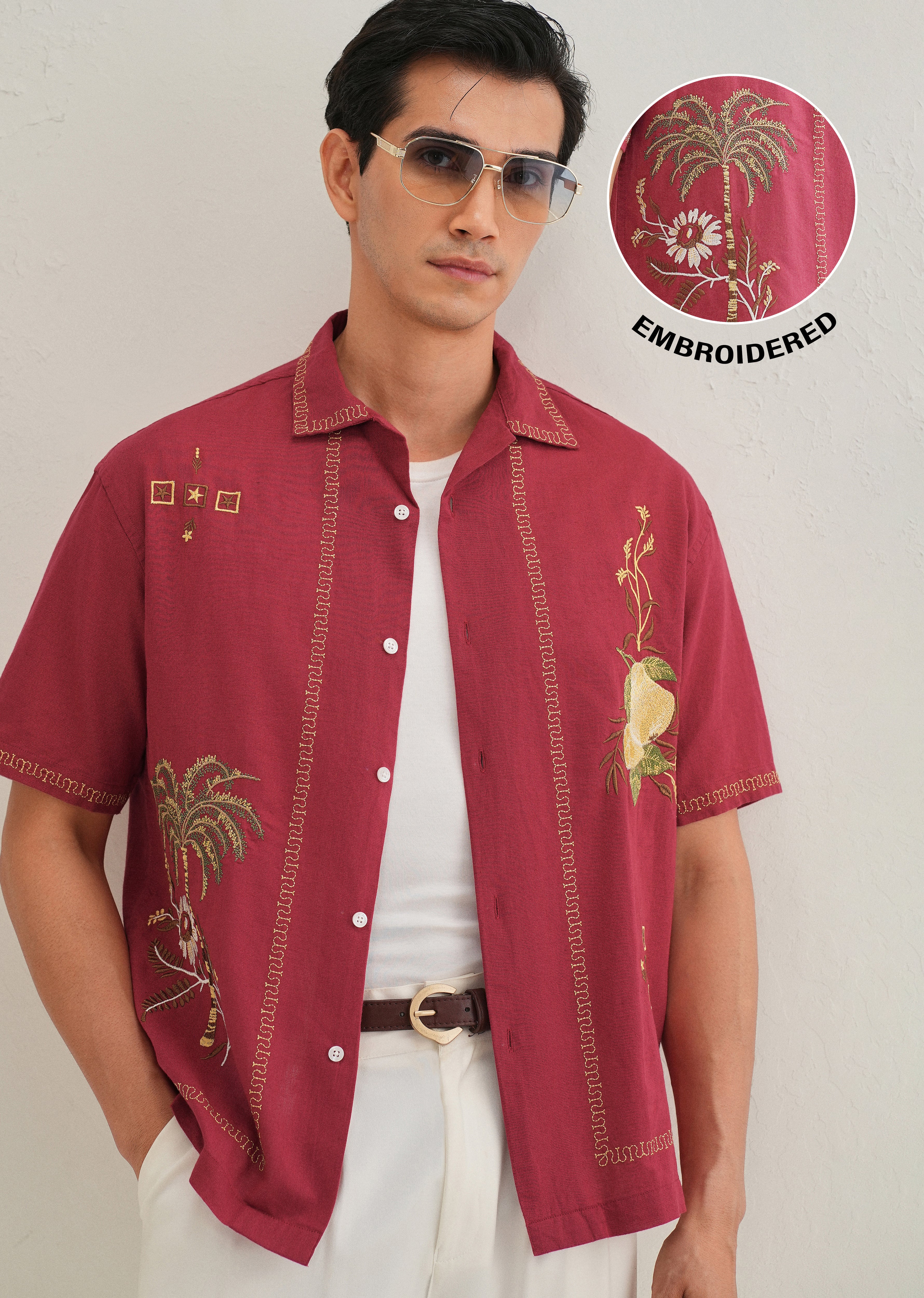 Crimson Red Tropical Embroidered Shirt - Image 2