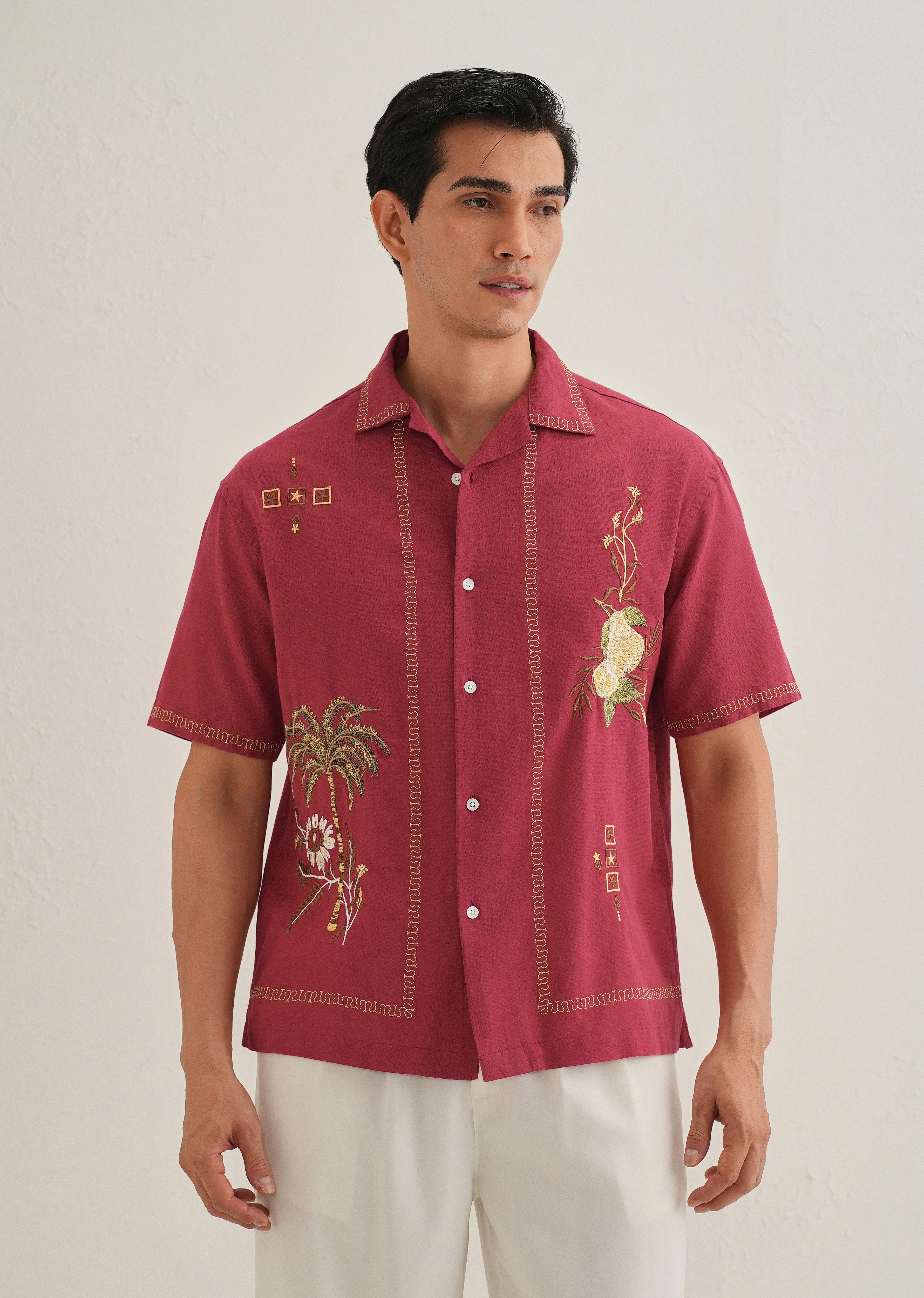 Crimson Red Tropical Embroidered Shirt - Image 4