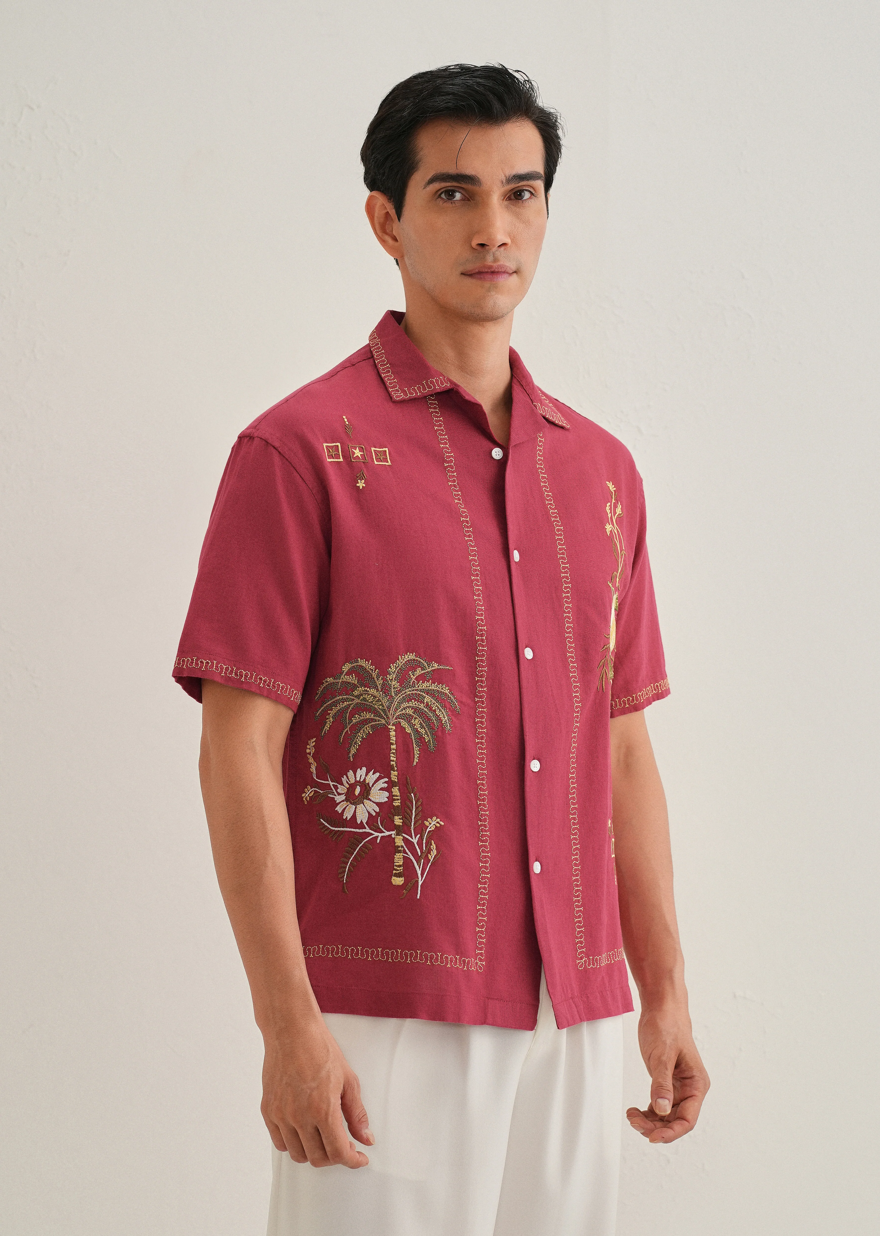 Crimson Red Tropical Embroidered Shirt - Image 6