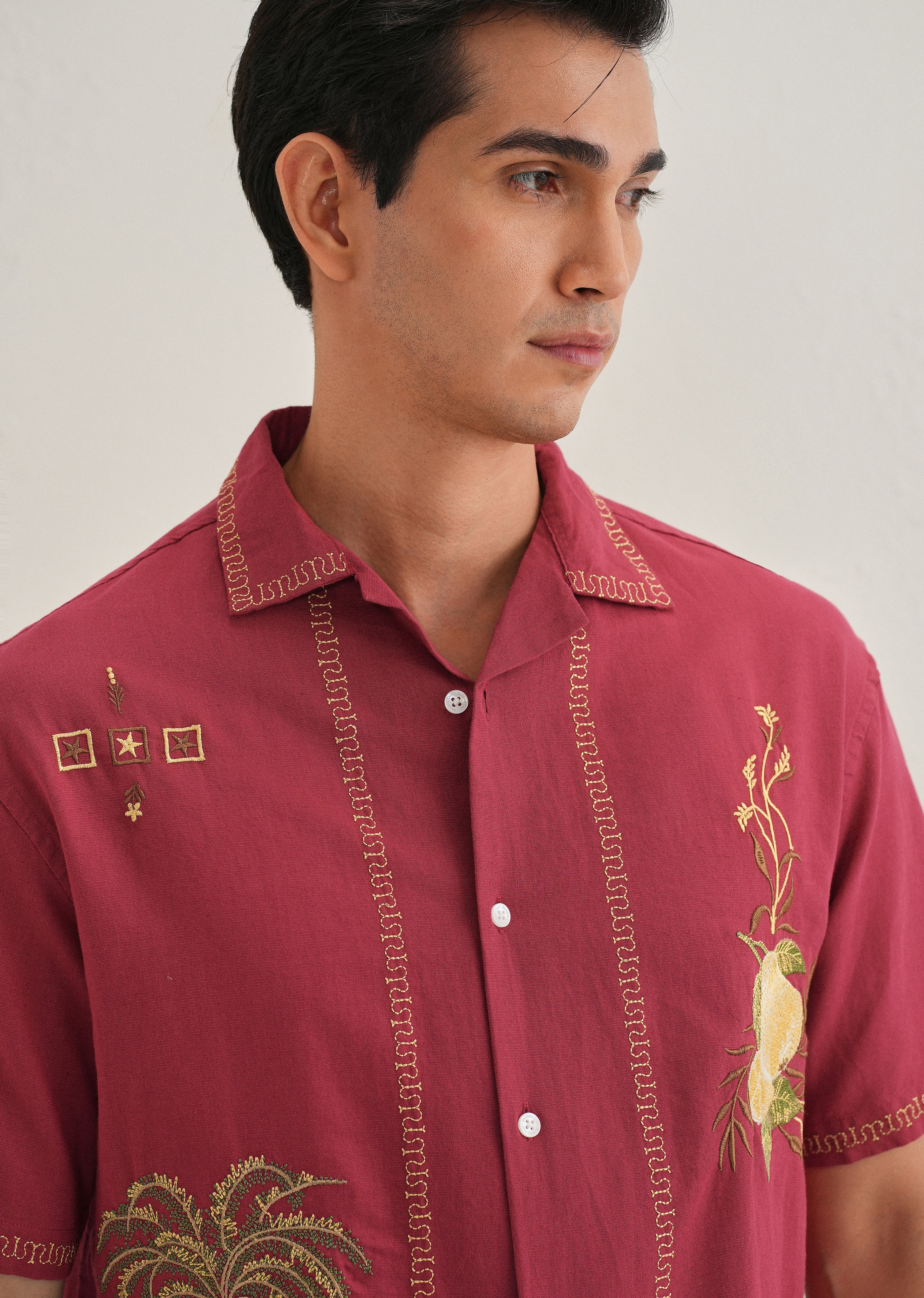 Crimson Red Tropical Embroidered Shirt - Image 7