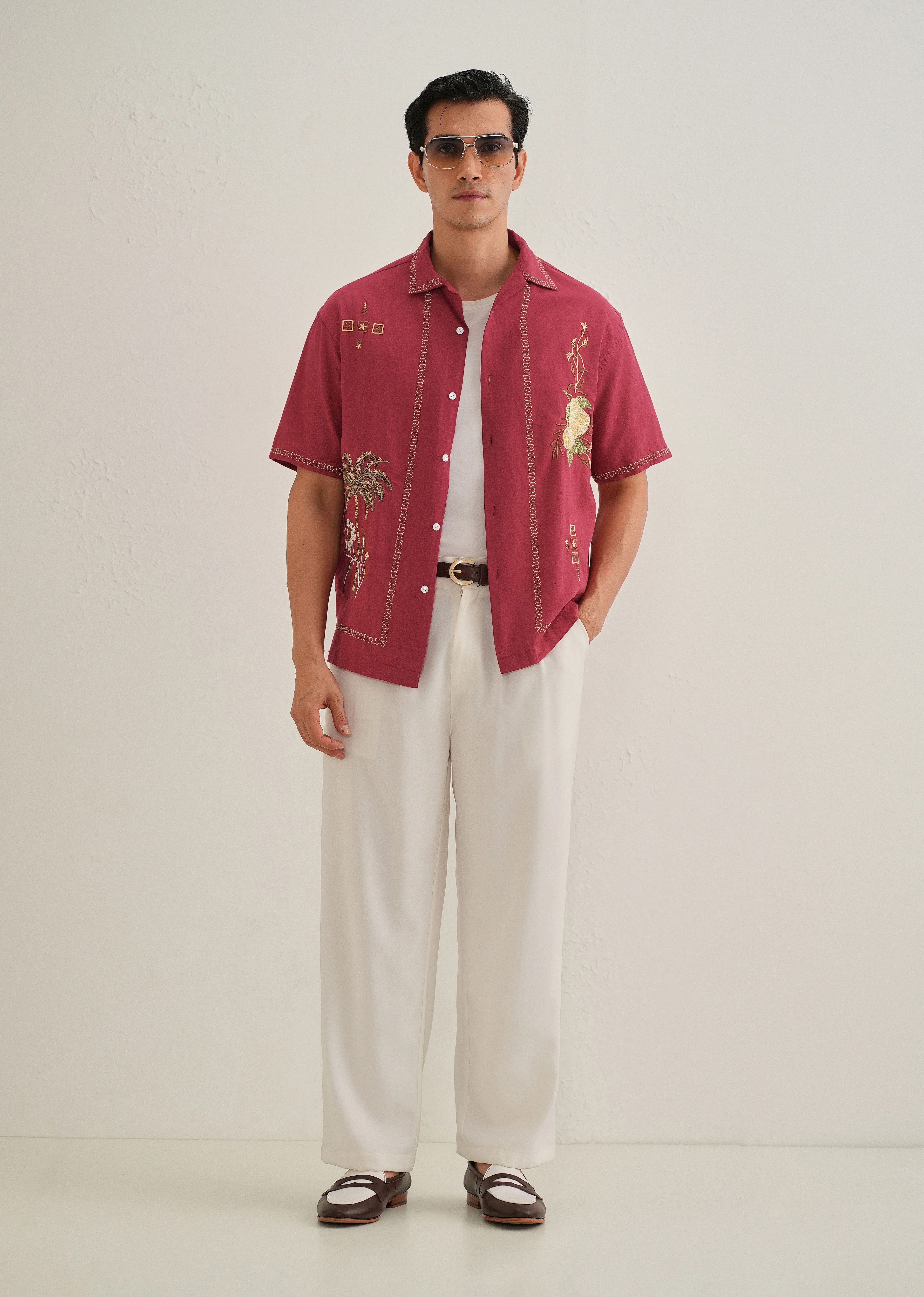 Crimson Red Tropical Embroidered Shirt - Image 8