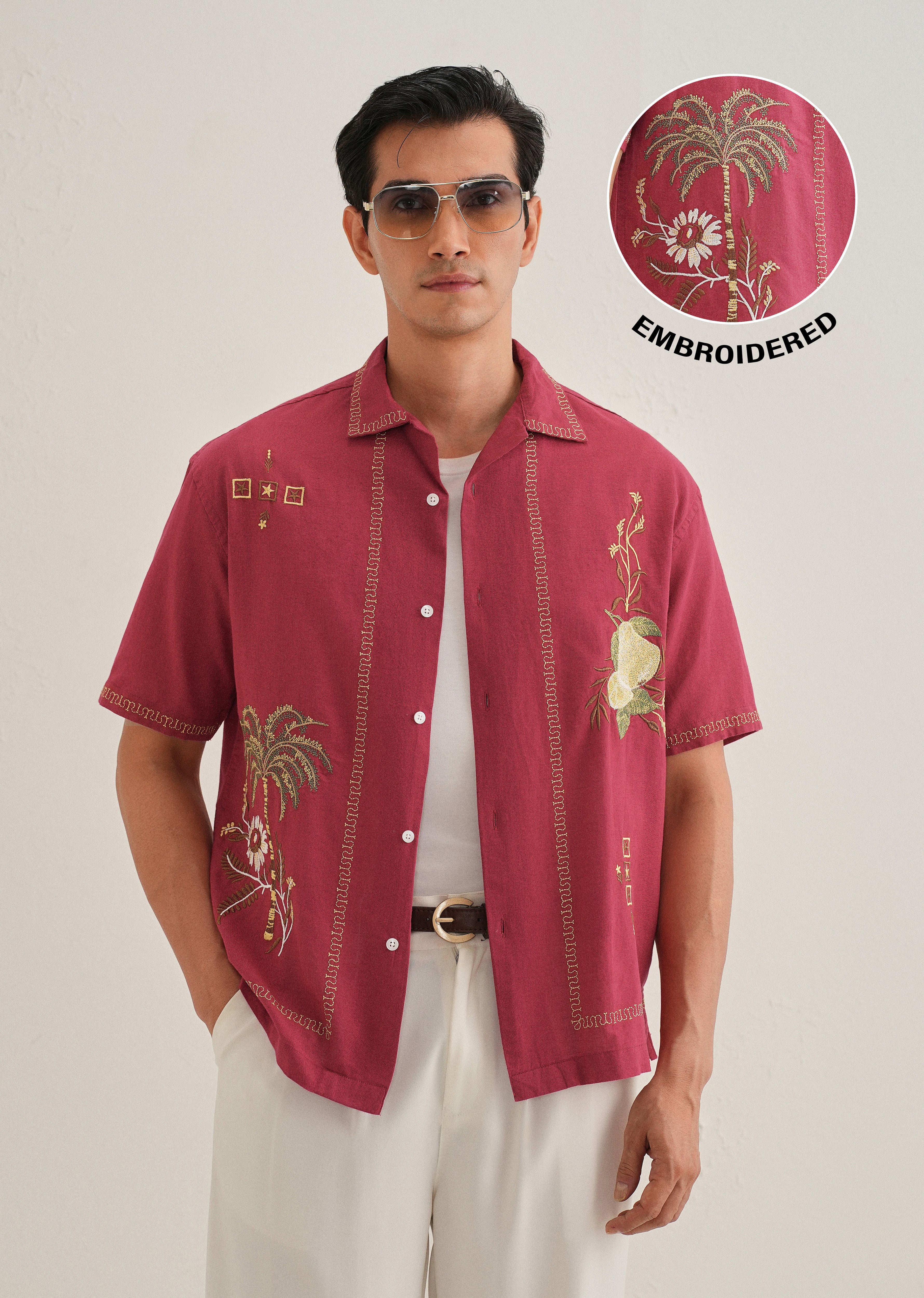Crimson Red Tropical Embroidered Shirt - Image 9