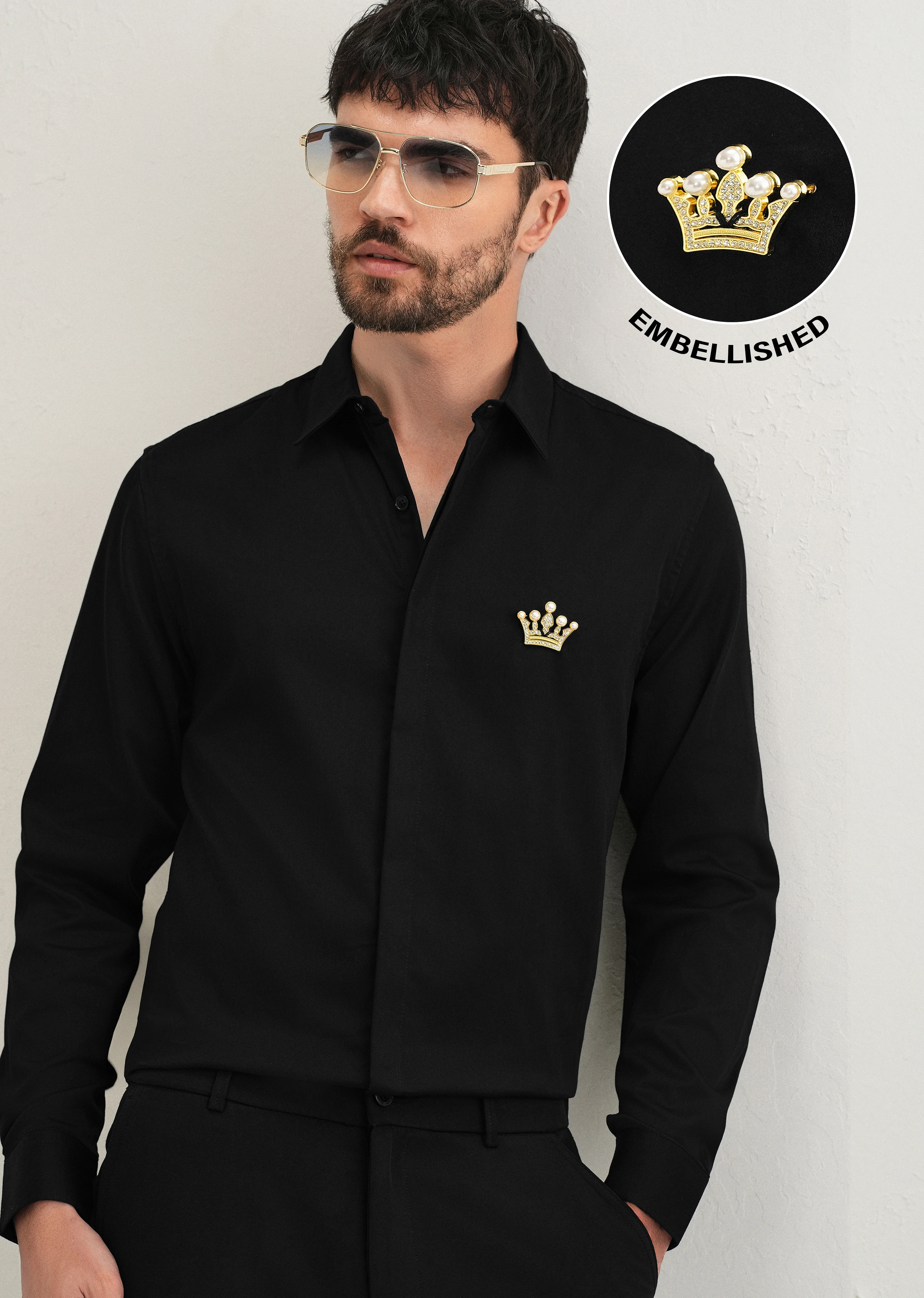 Crown Embellished Black Designer Shirt - Image 7