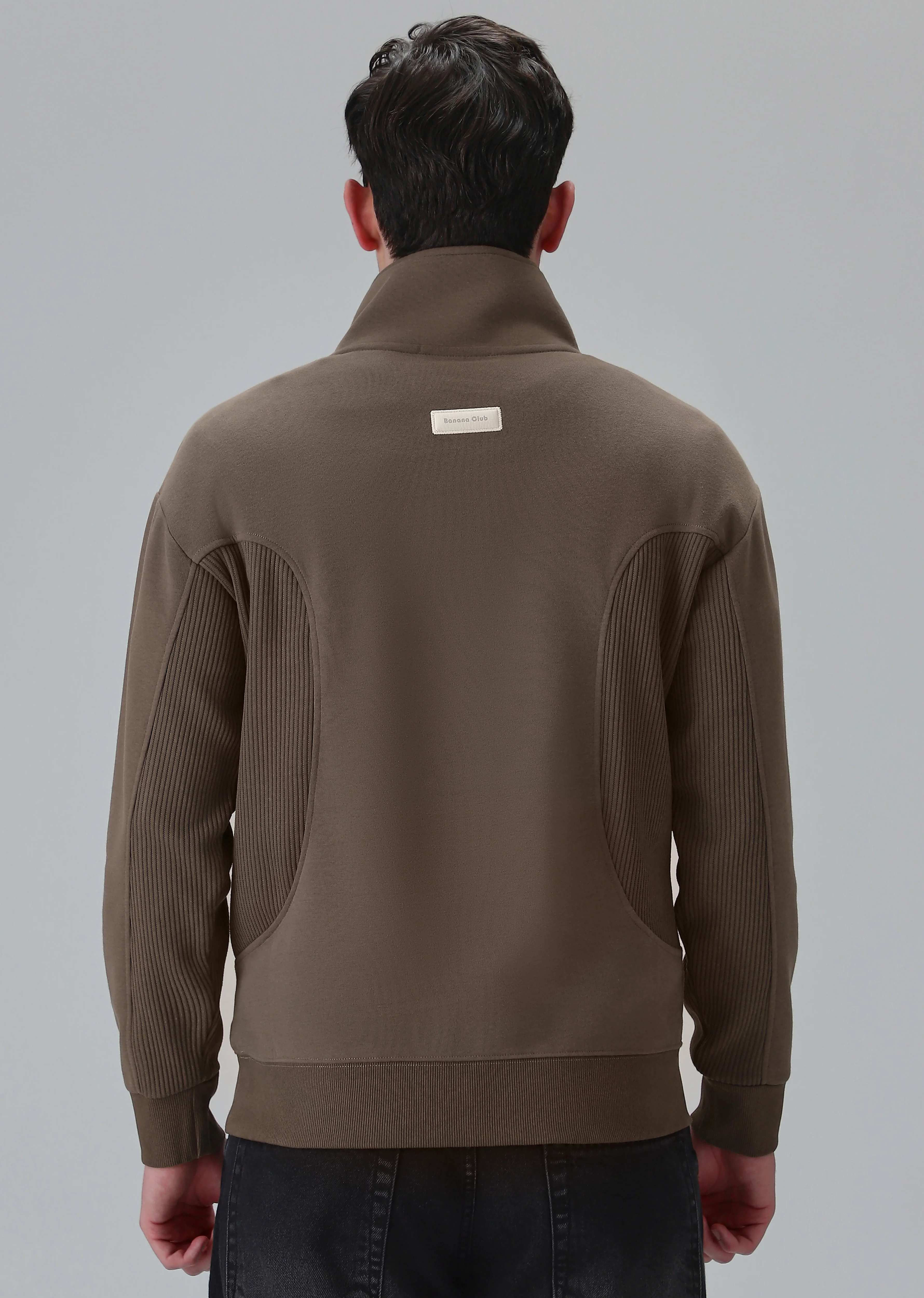 Cut and Sew Brown Zipper Sweatshirt - Image 2