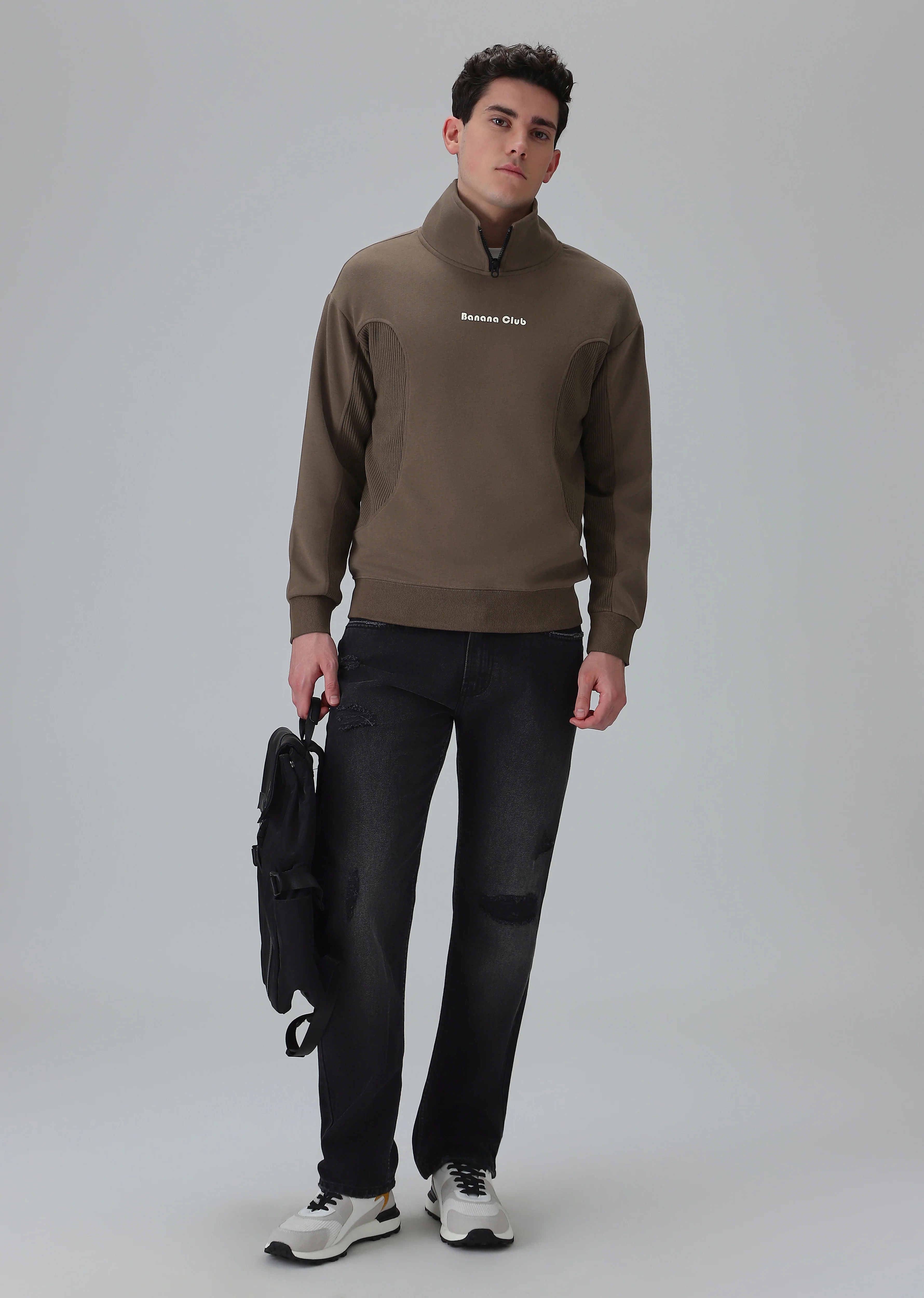 Cut and Sew Brown Zipper Sweatshirt - Image 6