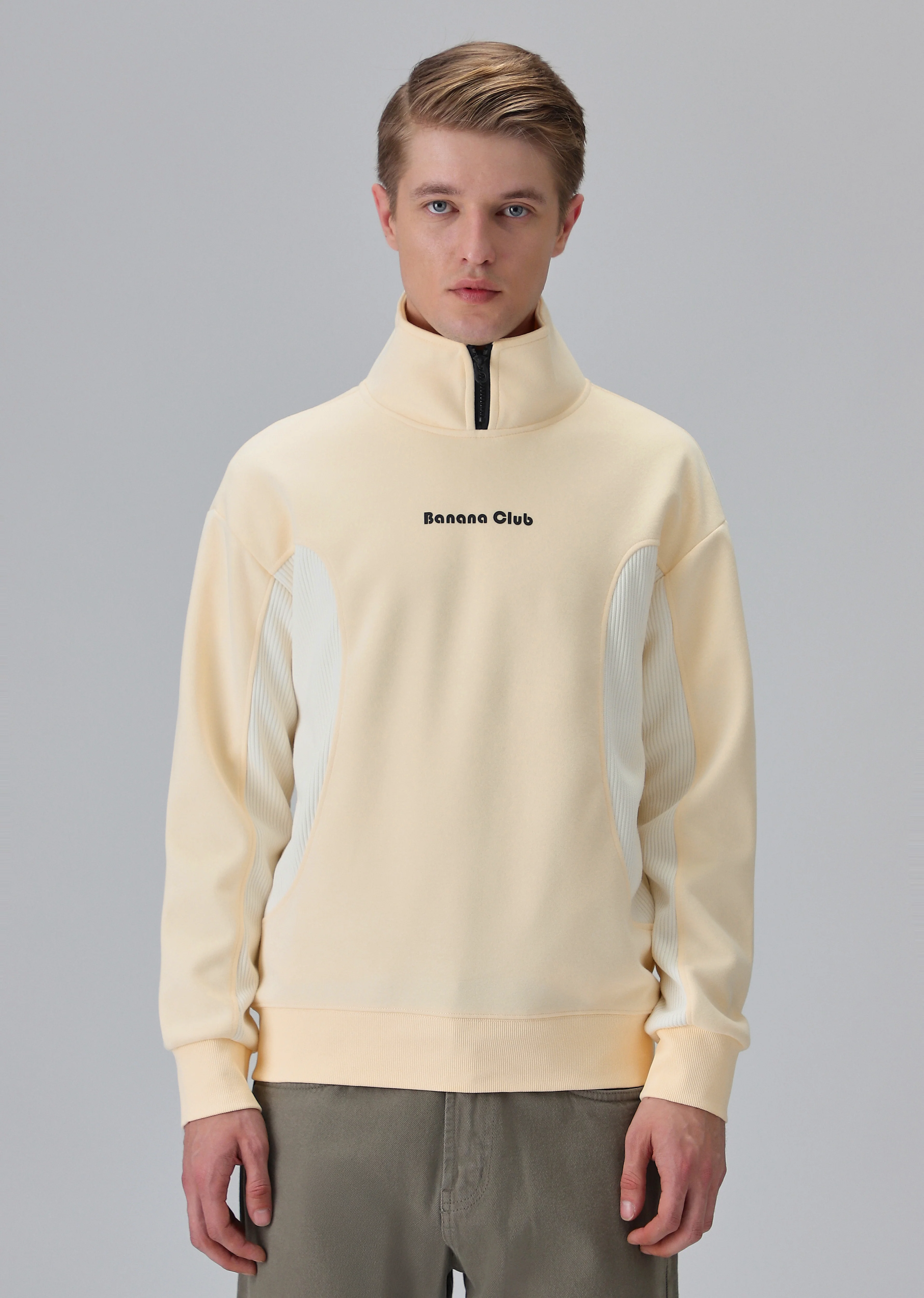 Cut and Sew Cream Zipper Sweatshirt - Image 3