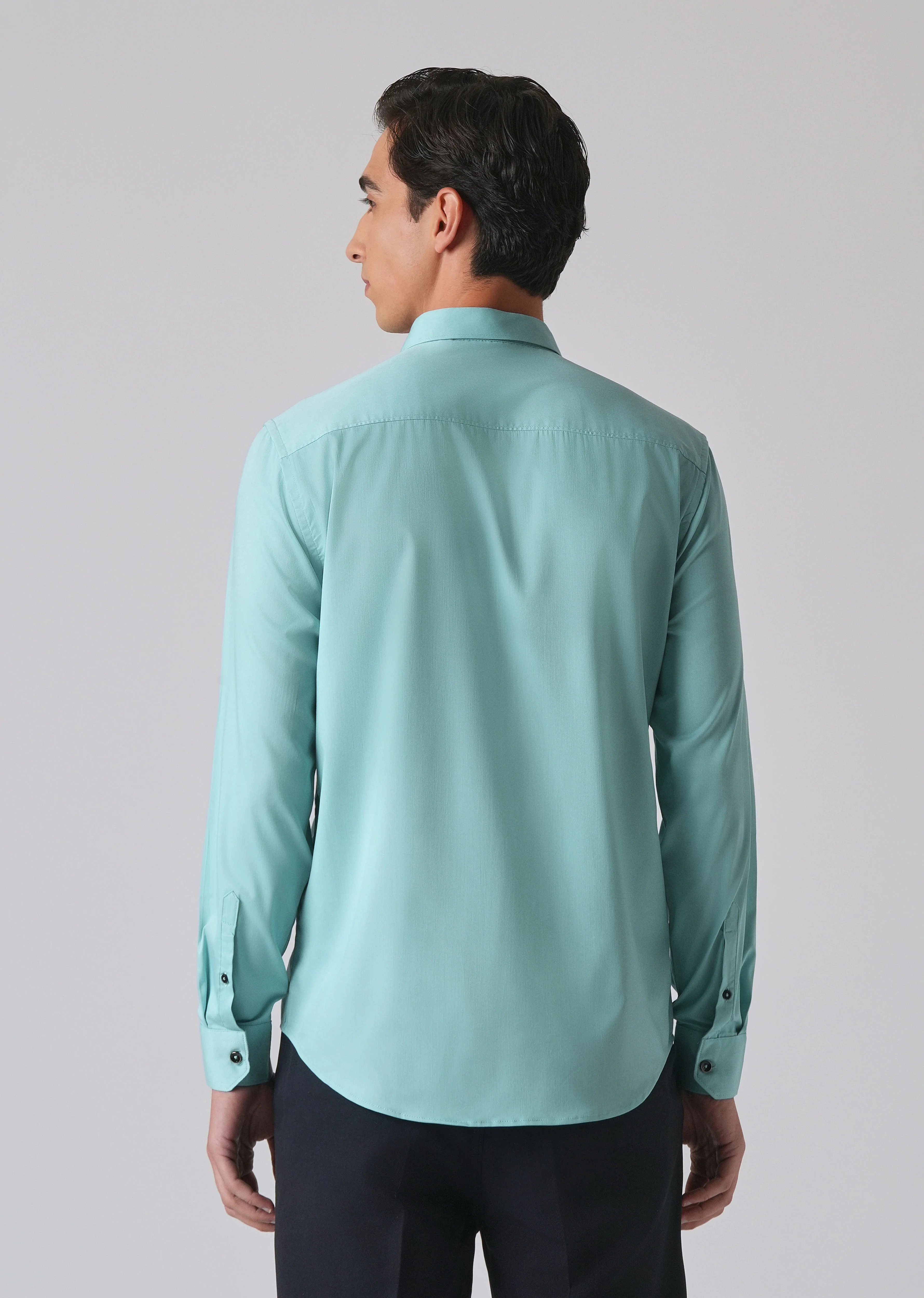 Cyan Green Cotton Stretch Plain Shirt - Image 2