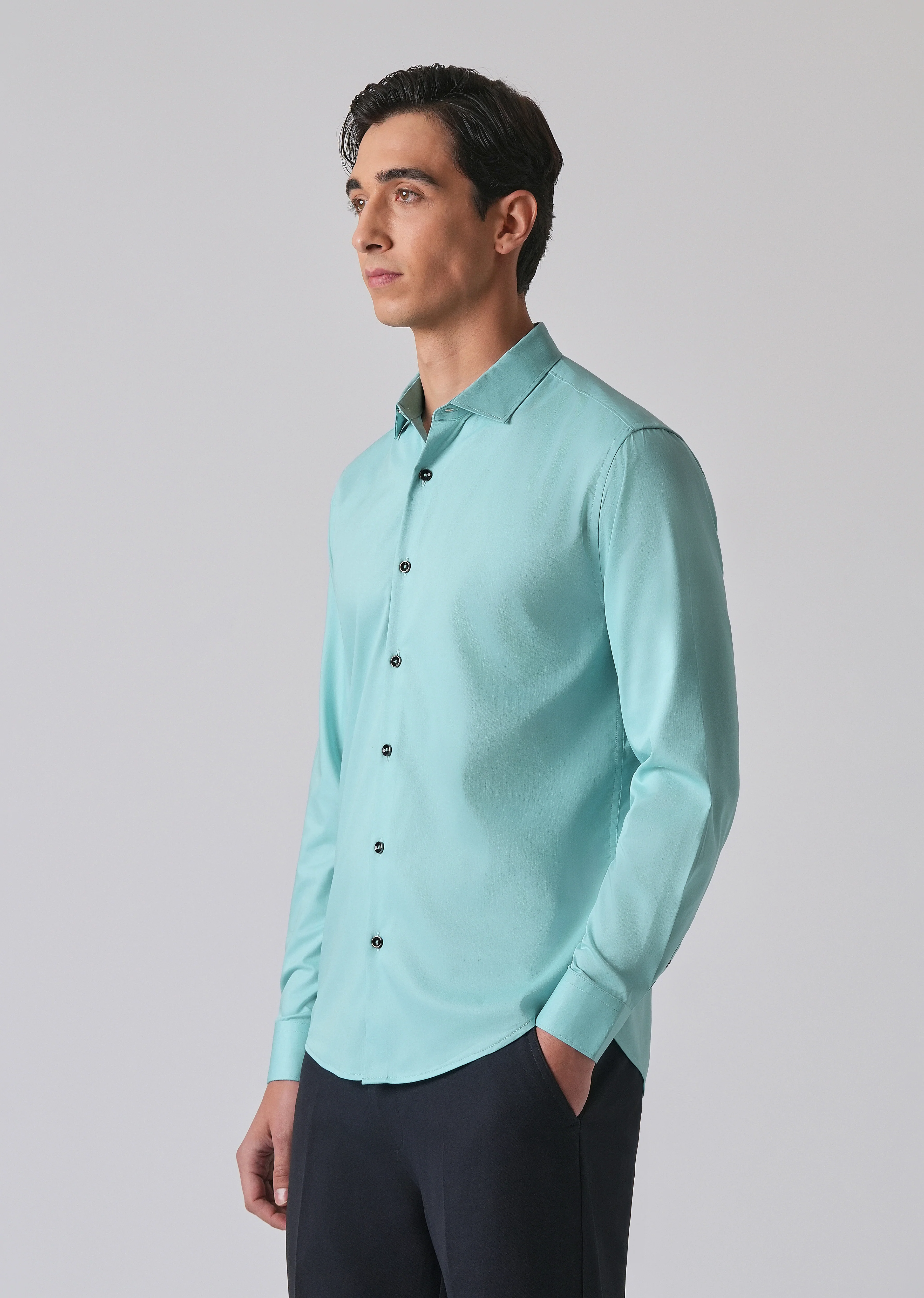 Cyan Green Cotton Stretch Plain Shirt - Image 4