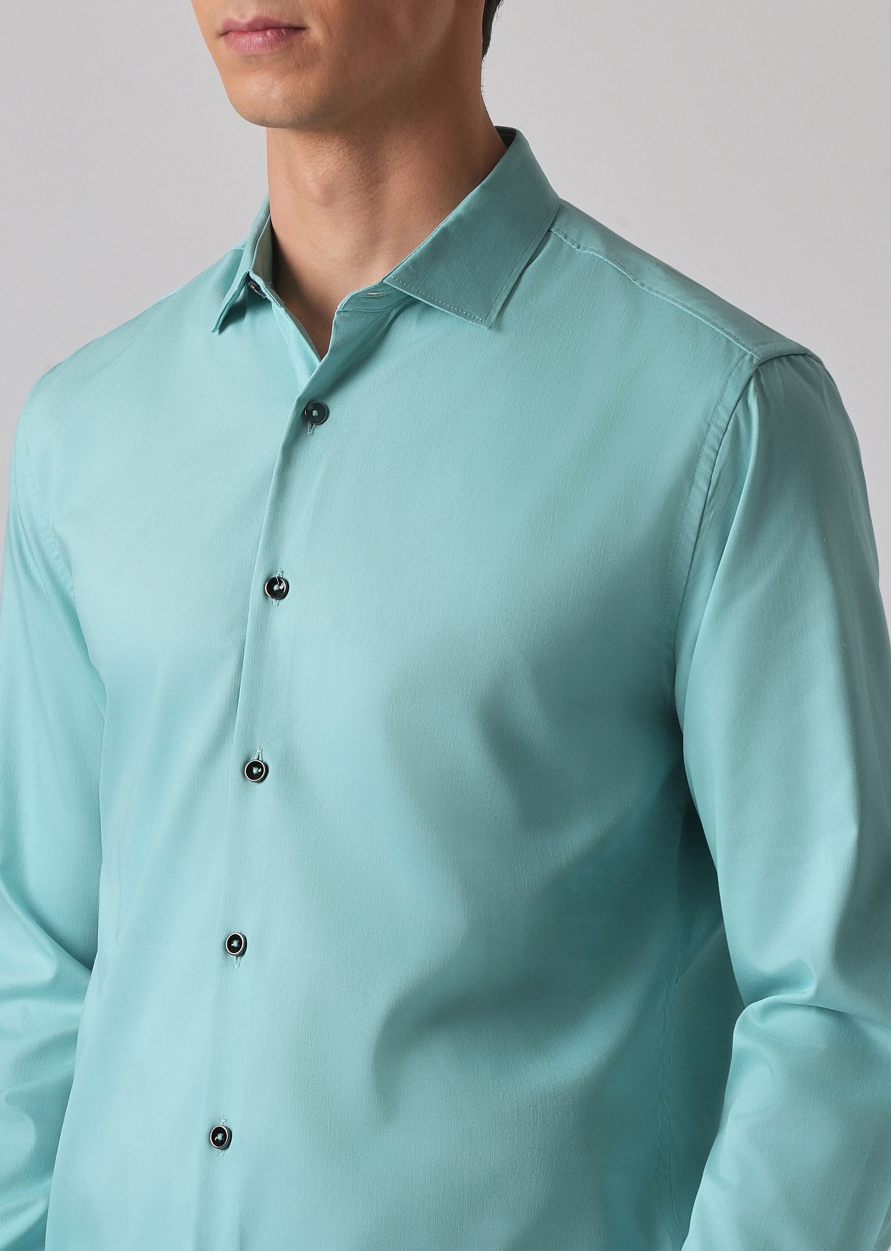 Cyan Green Cotton Stretch Plain Shirt - Image 5
