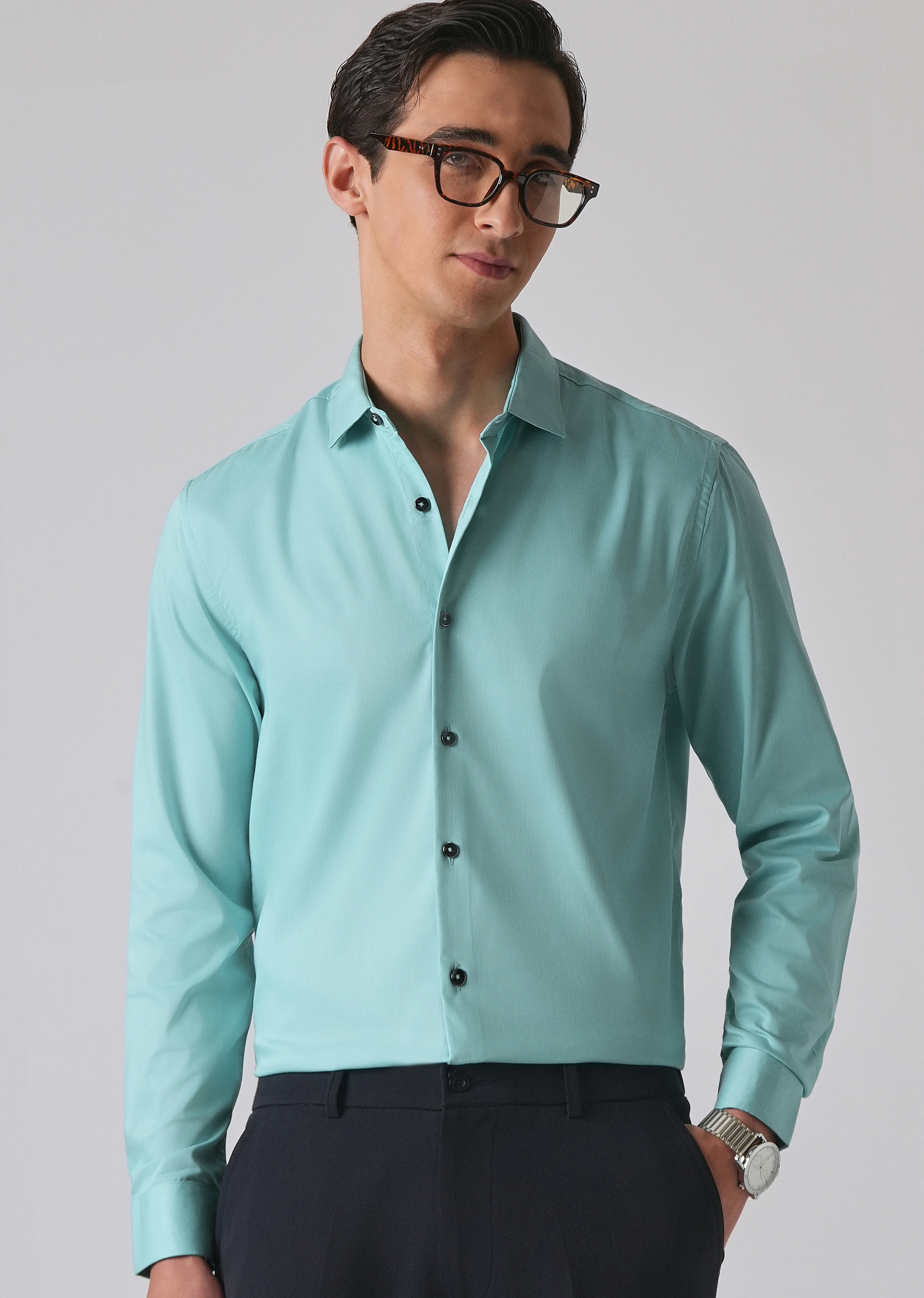 Cyan Green Cotton Stretch Plain Shirt - Image 7
