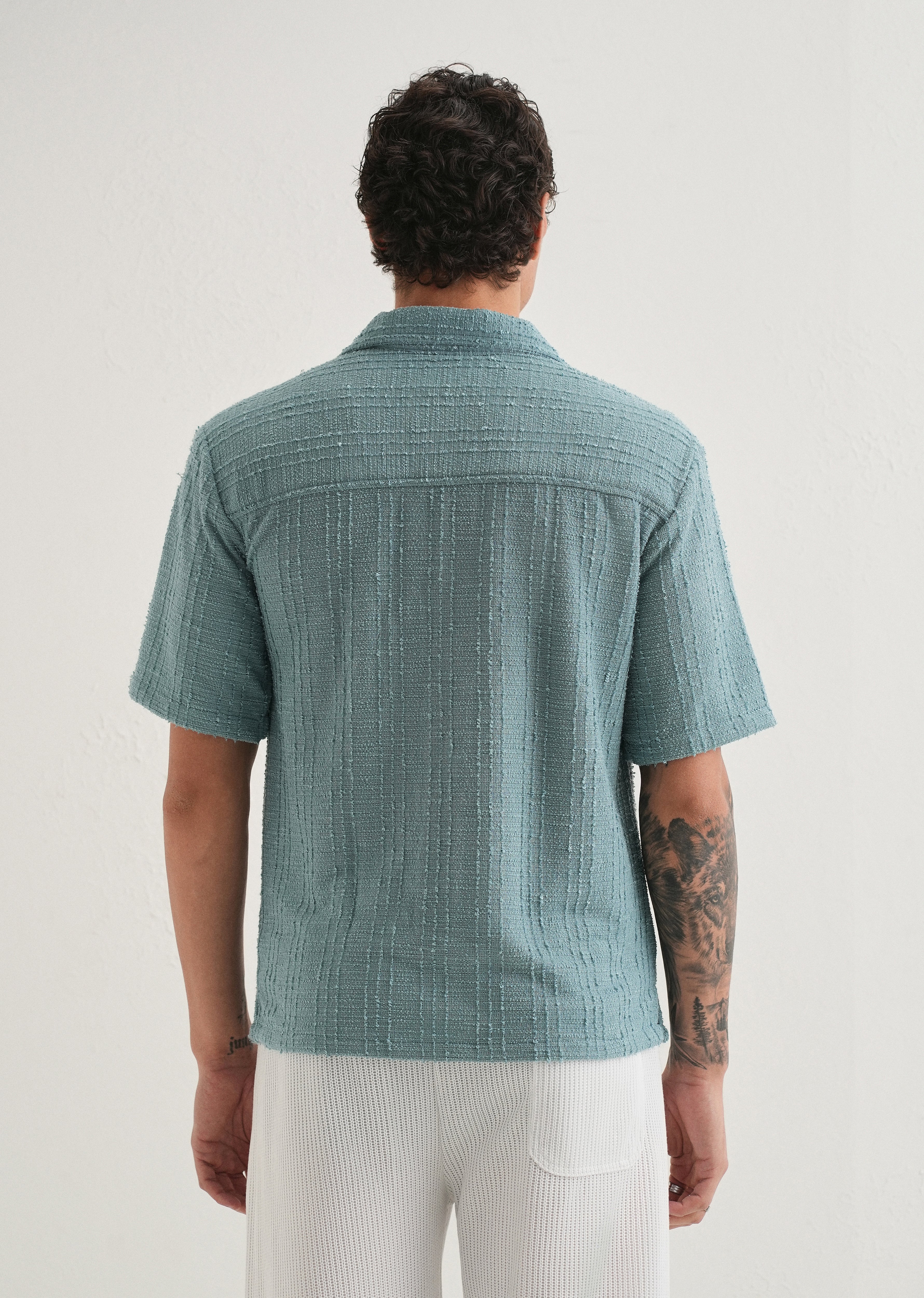 Cyan Plain Cuban Collar Knitted Shirt - Image 2