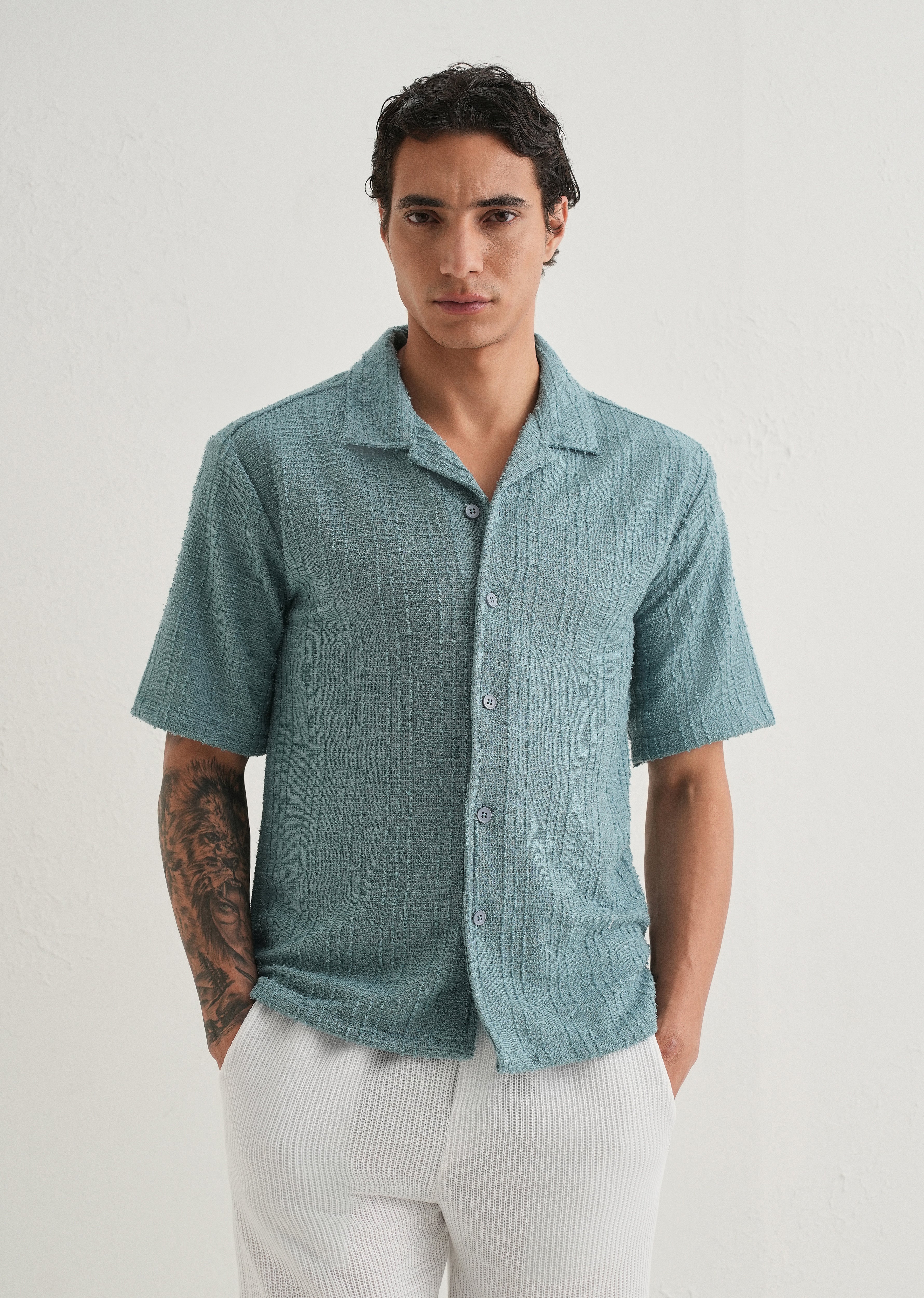 Cyan Plain Cuban Collar Knitted Shirt - Image 3