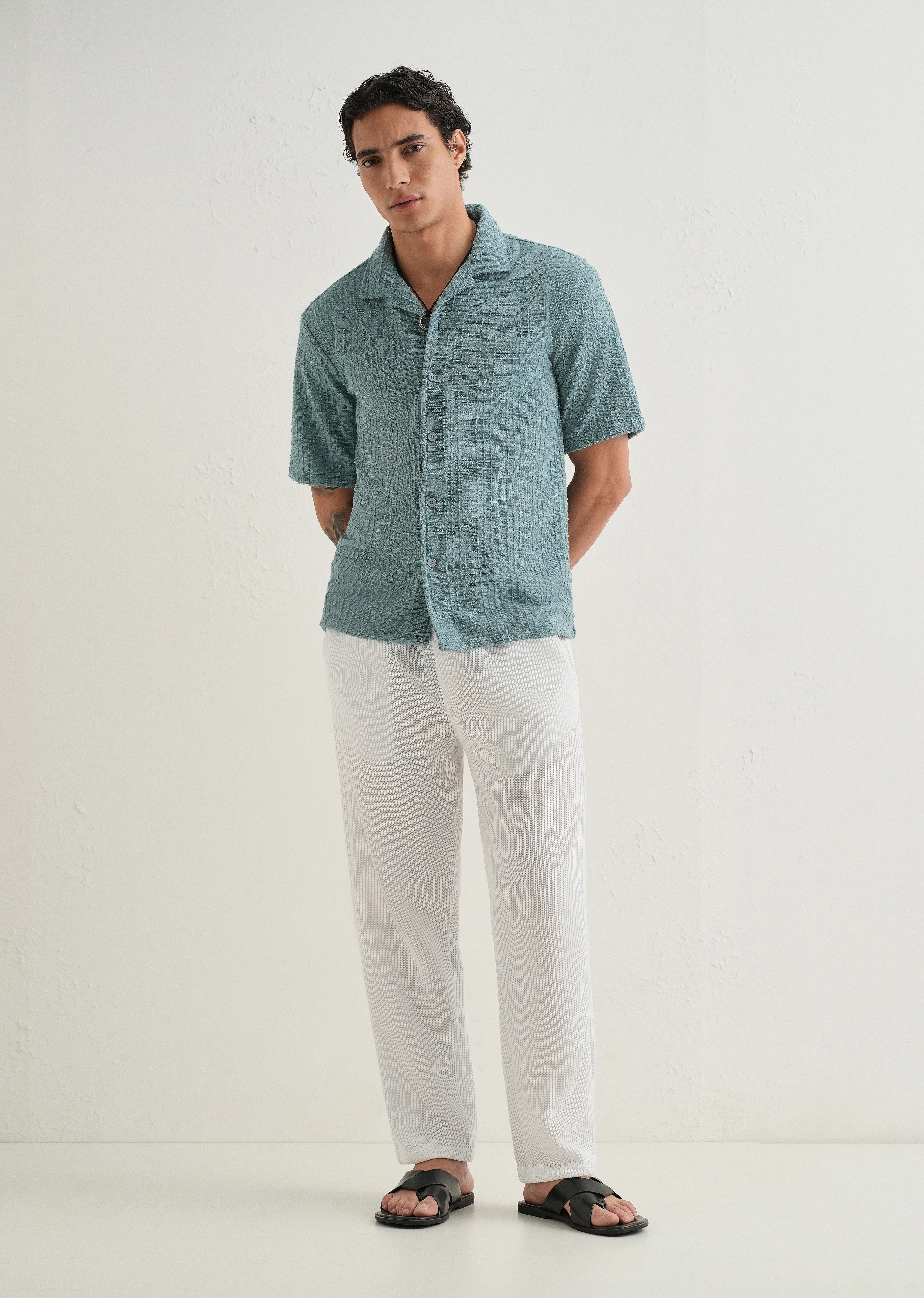 Cyan Plain Cuban Collar Knitted Shirt - Image 6