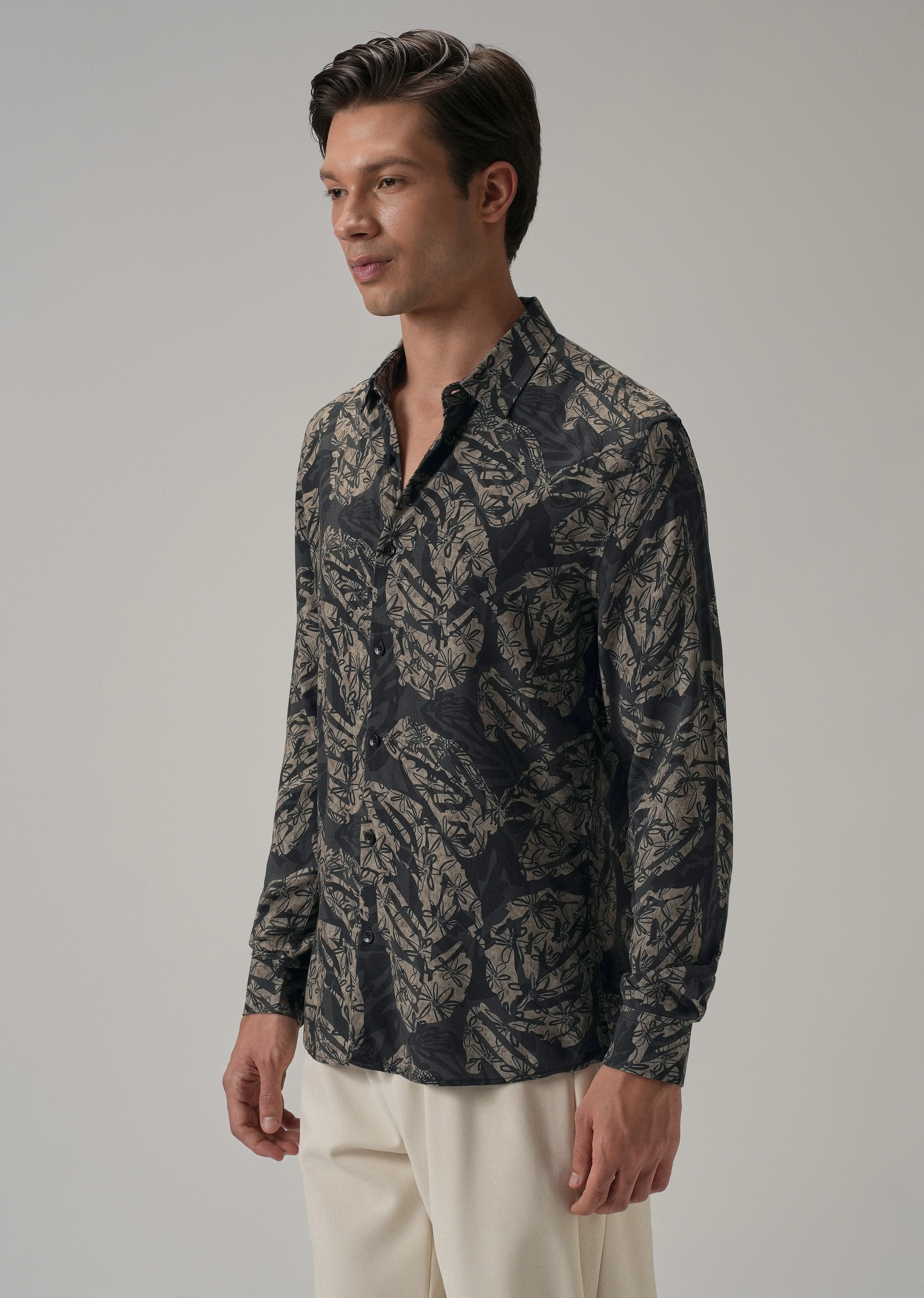 Dark Beige Floral Printed Shirt - Image 4