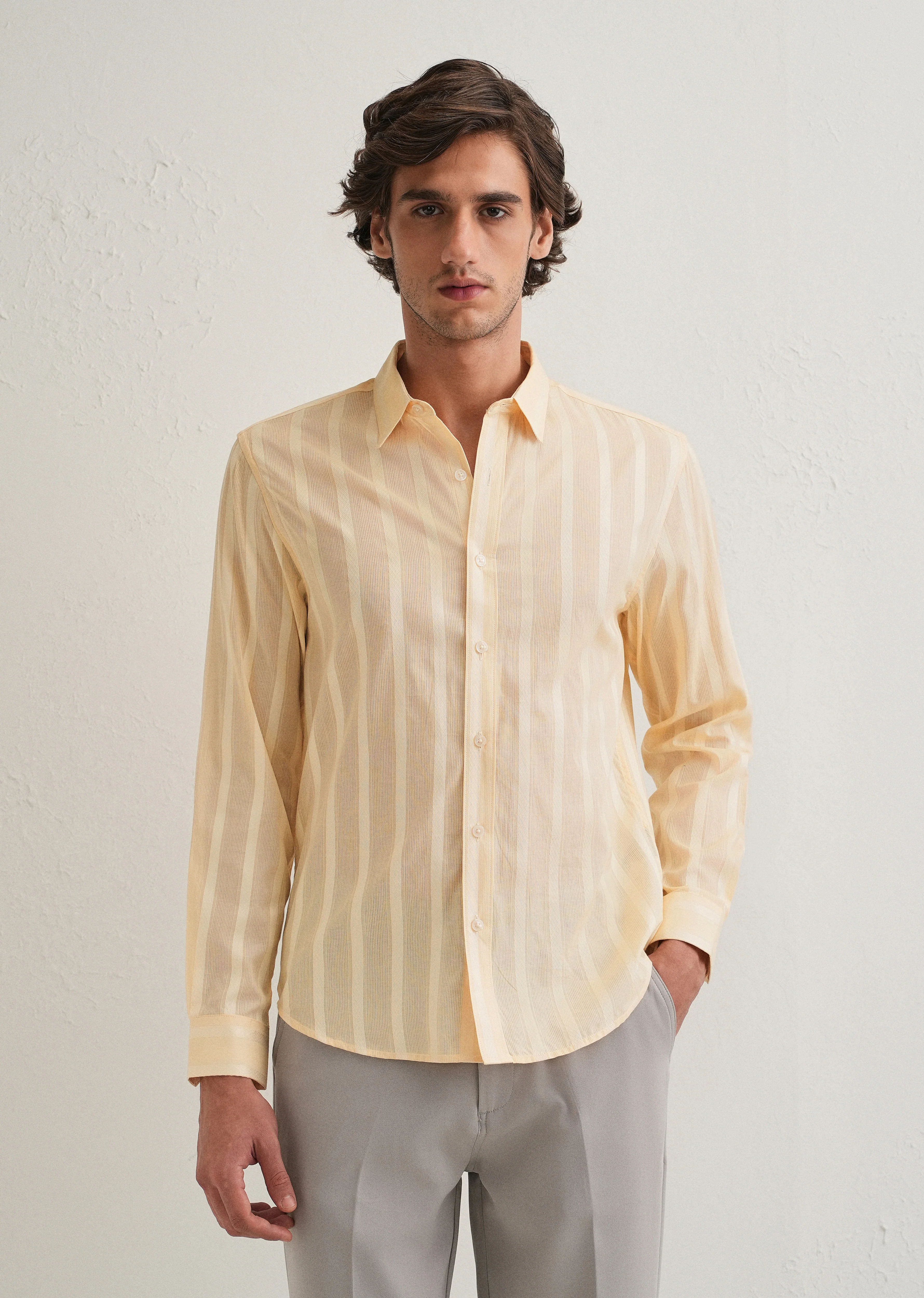 Dark Beige Self Pattern Blended Cotton Shirt - Image 4