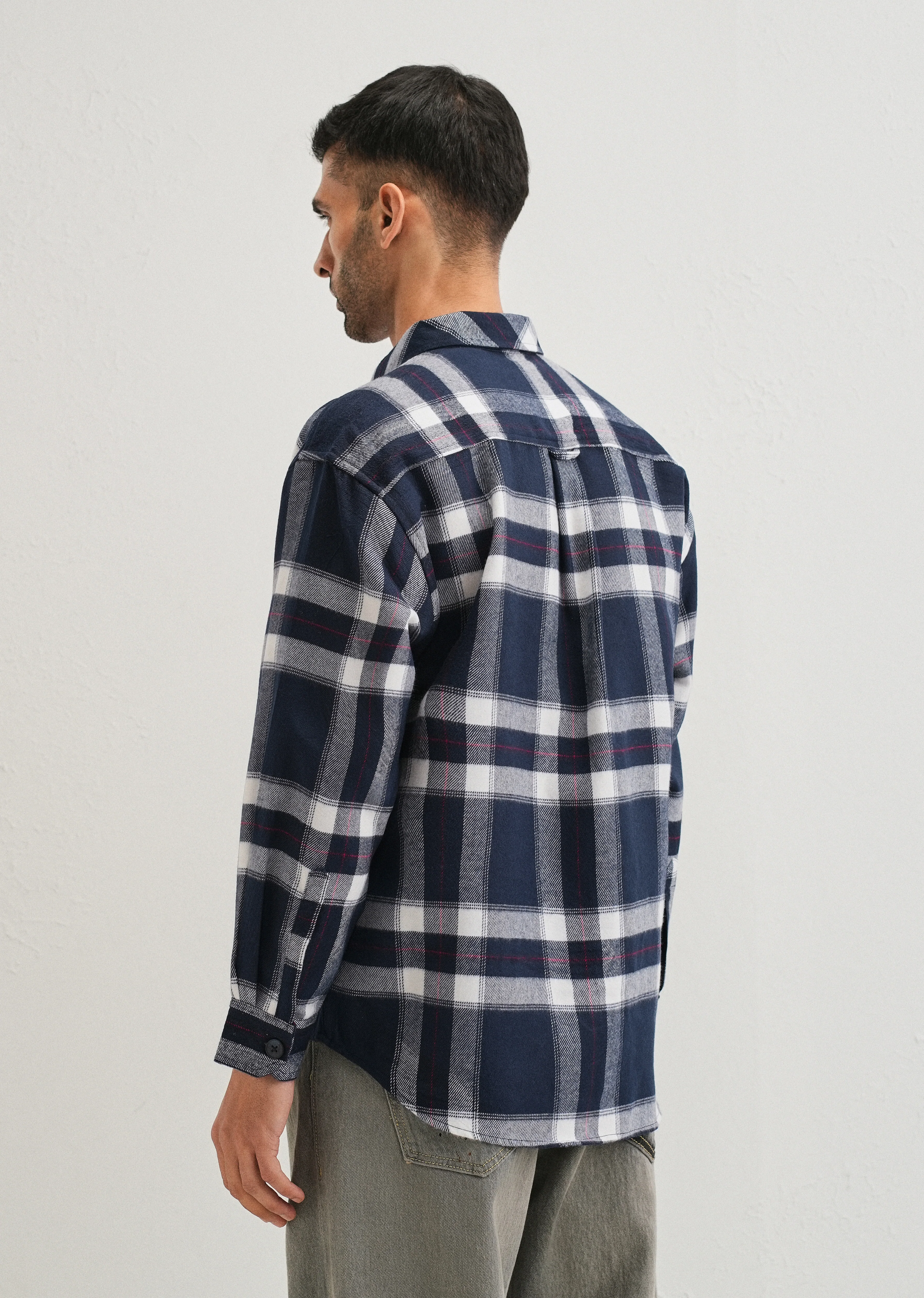 Dark Blue Checked Relaxed Fit Shacket - Image 2