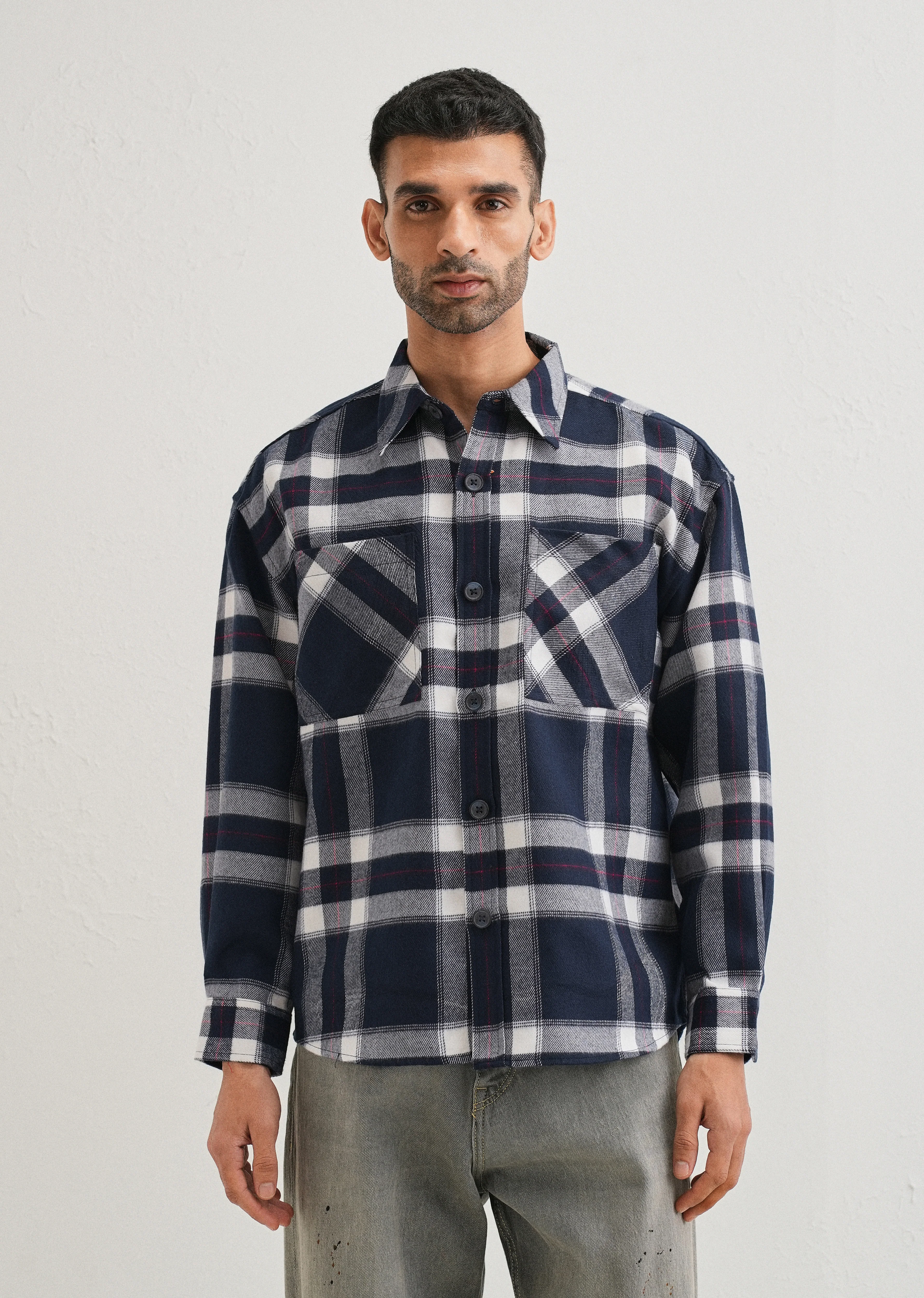 Dark Blue Checked Relaxed Fit Shacket - Image 3