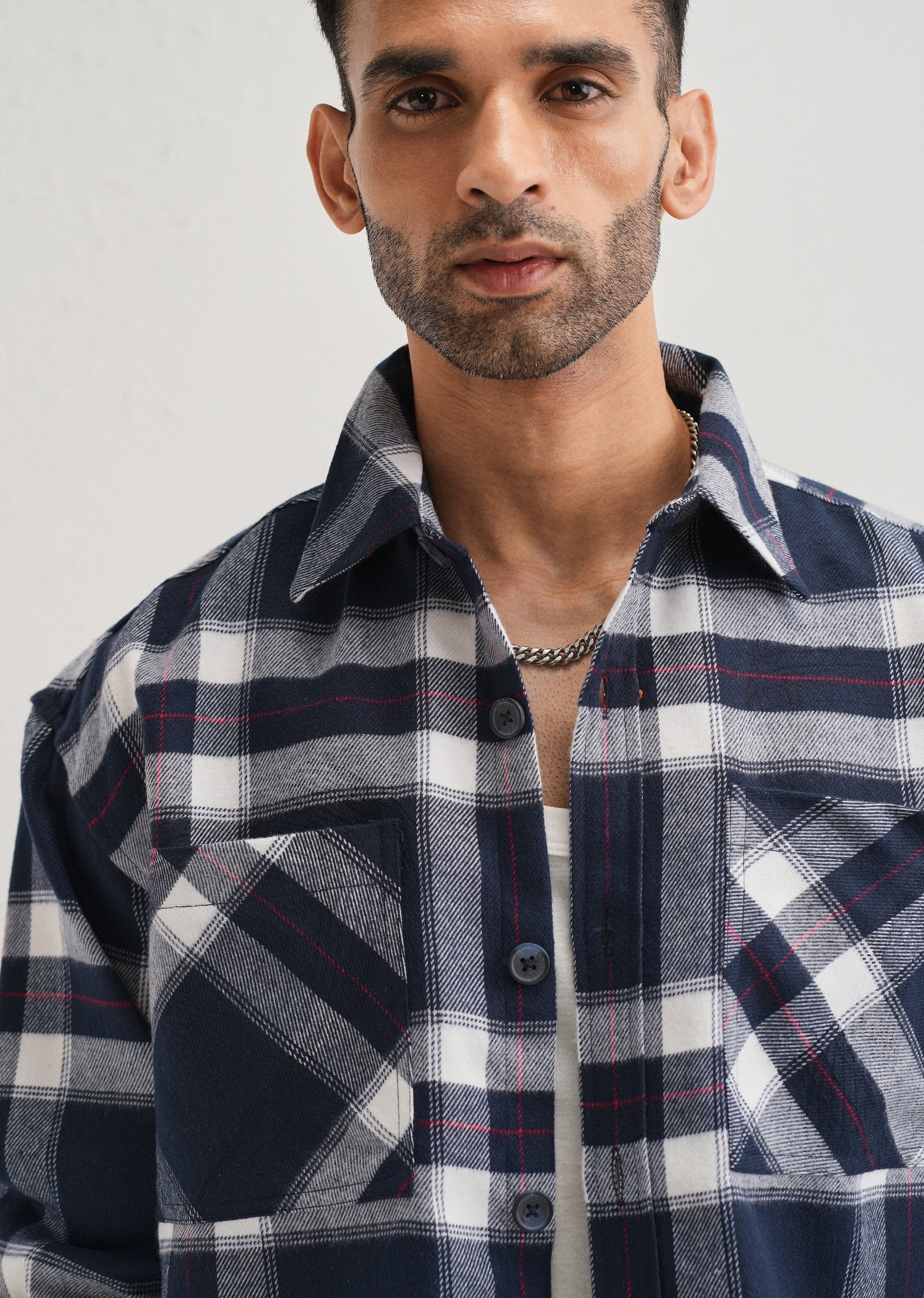 Dark Blue Checked Relaxed Fit Shacket - Image 5