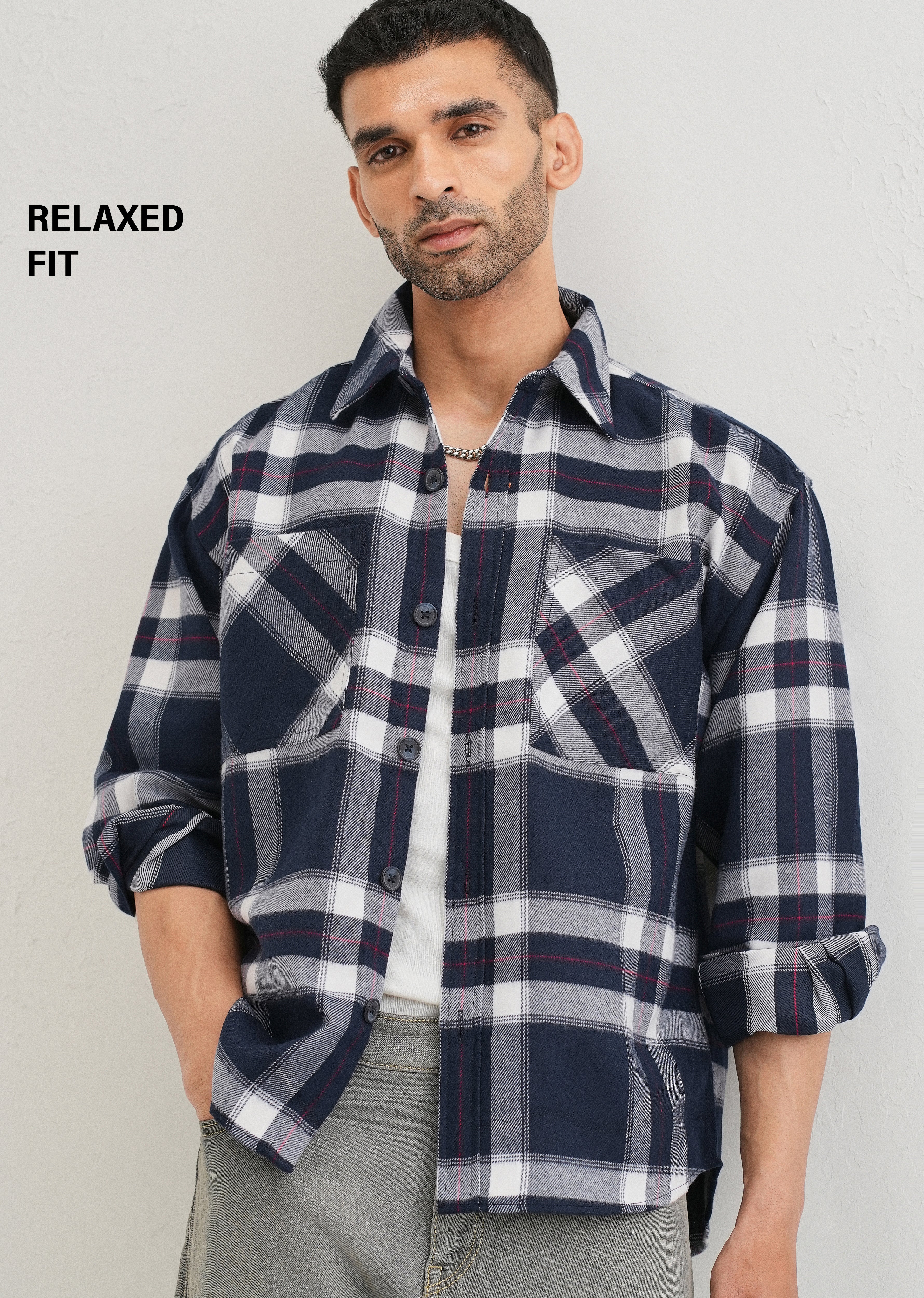 Dark Blue Checked Relaxed Fit Shacket - Image 7