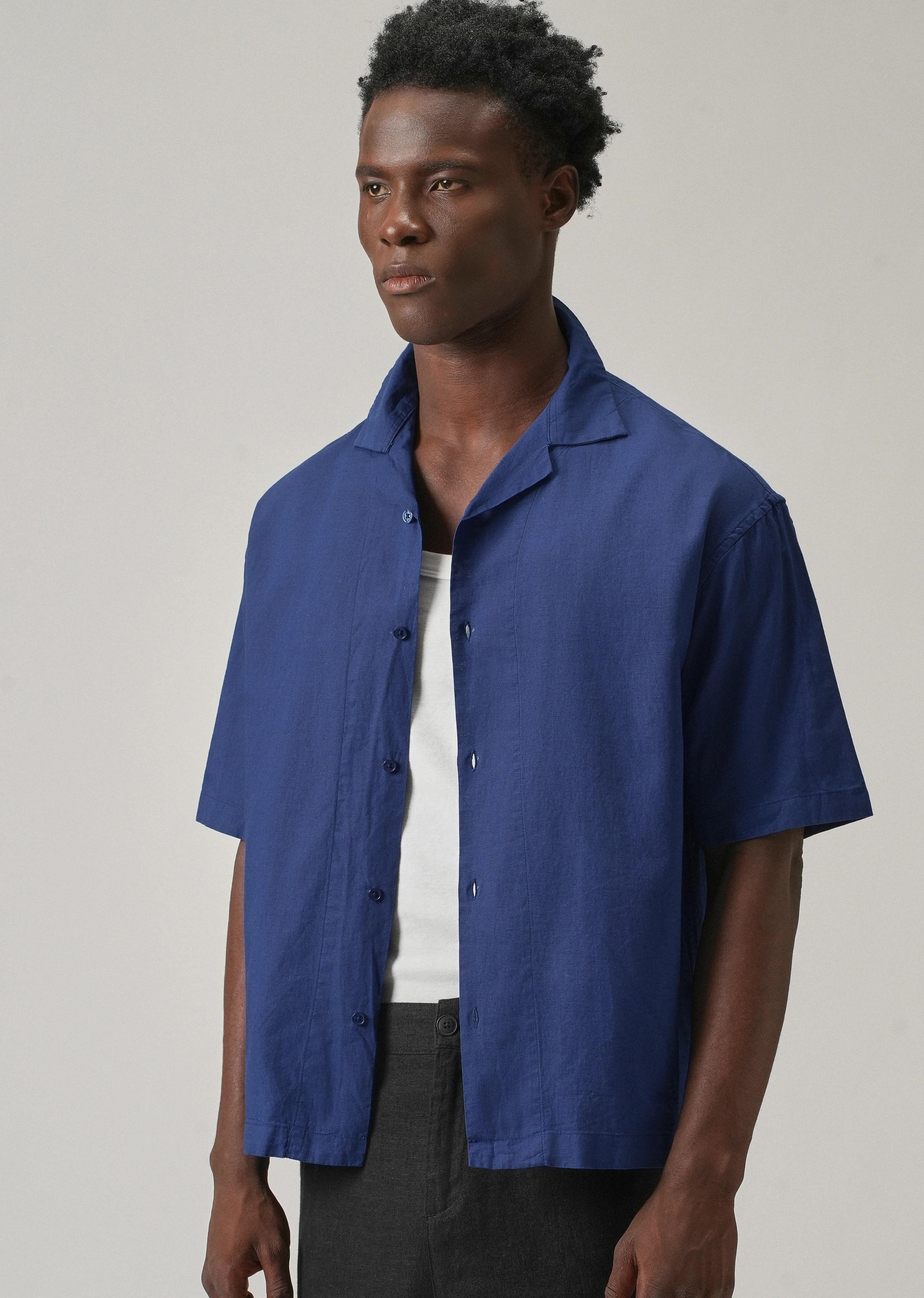 Dark Blue Cotton Linen Shirt - Image 7